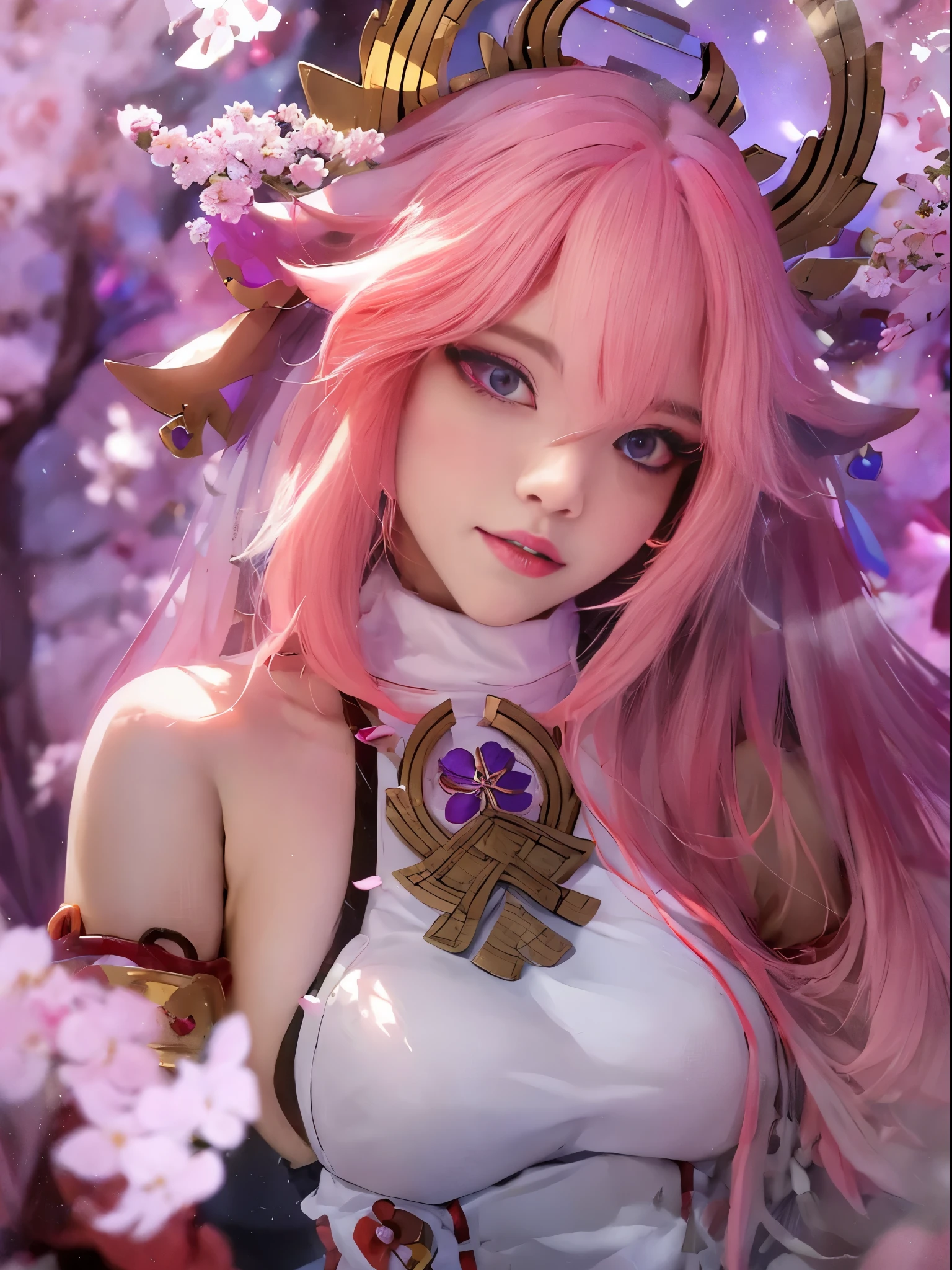 of the highest quality, Beauty and aesthetics, Very detailed, Detailed face and eyes,Anime, 1 girl, Fox ears, Big Breast,Fox Girl,Longhair,Hair color pink,Pink eyes,fluffy tail, in hotspring, nude、background is cherryblossoms、