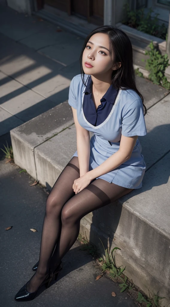 (full bodyesbian:1.5),(1girll:1.3),(looking up at viewer:1.4),(Anatomical accuracy:1.4),(sitting on top of the hill:1.2),(wear a nurse uniform:1.2),(Opaque pantyhose:1.3),( Woman pointy toes thick heels :1.1),(A precise and perfect face:1.3),(Long leg:1.3),Hyper HD, Ray traching, reflective light, Structurally accurate, Award-Standing, High Detail, Shadow contrast fade, Face Lighting ,Cinematic lighting, Masterpiece, Super detailing, High Quality, High Detail, Best Quality, 16 k,High contrast,Look ahead,
