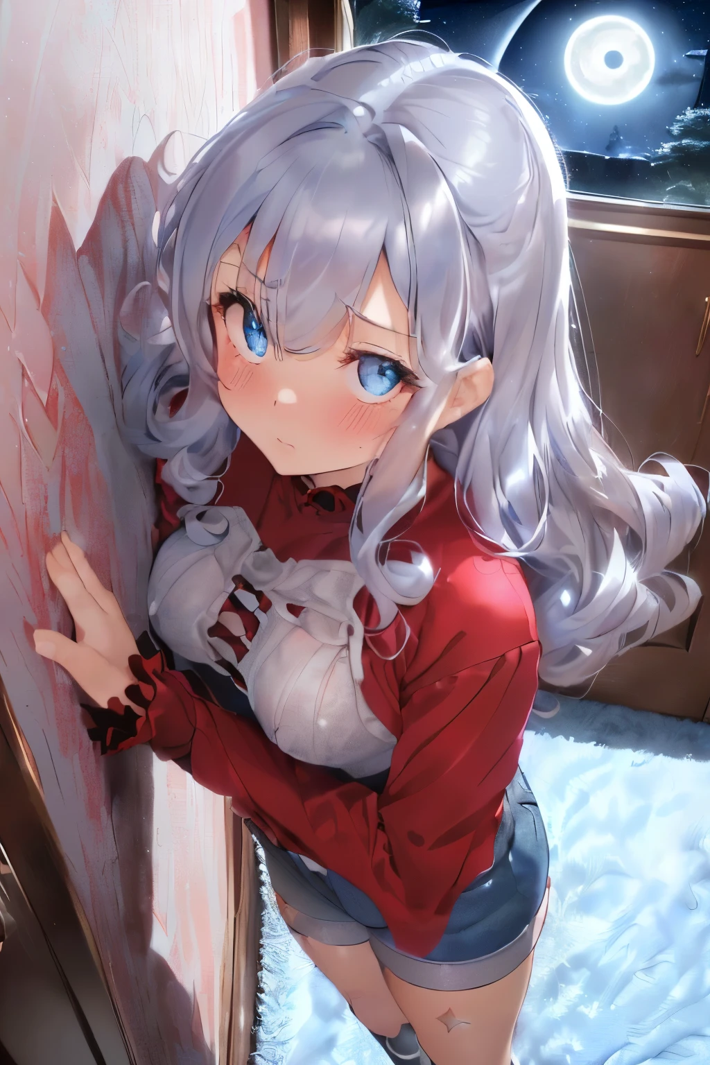 (silber hair:1.5),(Fluffy hair with curls:1.2),(blue eyes:1.3),(With bangs),Slight red tide,(double sleeve long sleeve clothing:1.4),(corset 1.45),(shortpants:1.25),(A room at night with moonlight shining in:1.6),(Your eyes are shining like stars:1.5),(A man's room living alone:1.45),(simple men&#39;s room),(Fluffy carpet:1.35),(Eye size:1.7),(drooing eyes:1.65),(close up of face:1.35),(SM Play:1.4),(Meet and greet at the entrance:1.3),(look up as if clinging to:1.45),(red blush:1.4),(white, light blue, pink and black clothes),(narrow hallway inside the room),(Leaning against the wall:1.4),