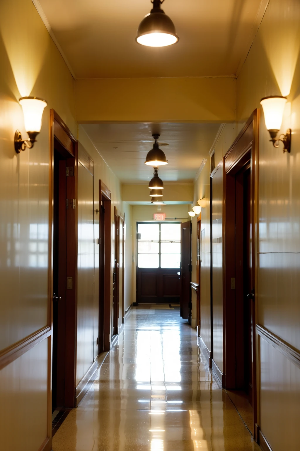 The school&#39;s well-lit hallway with the lights on