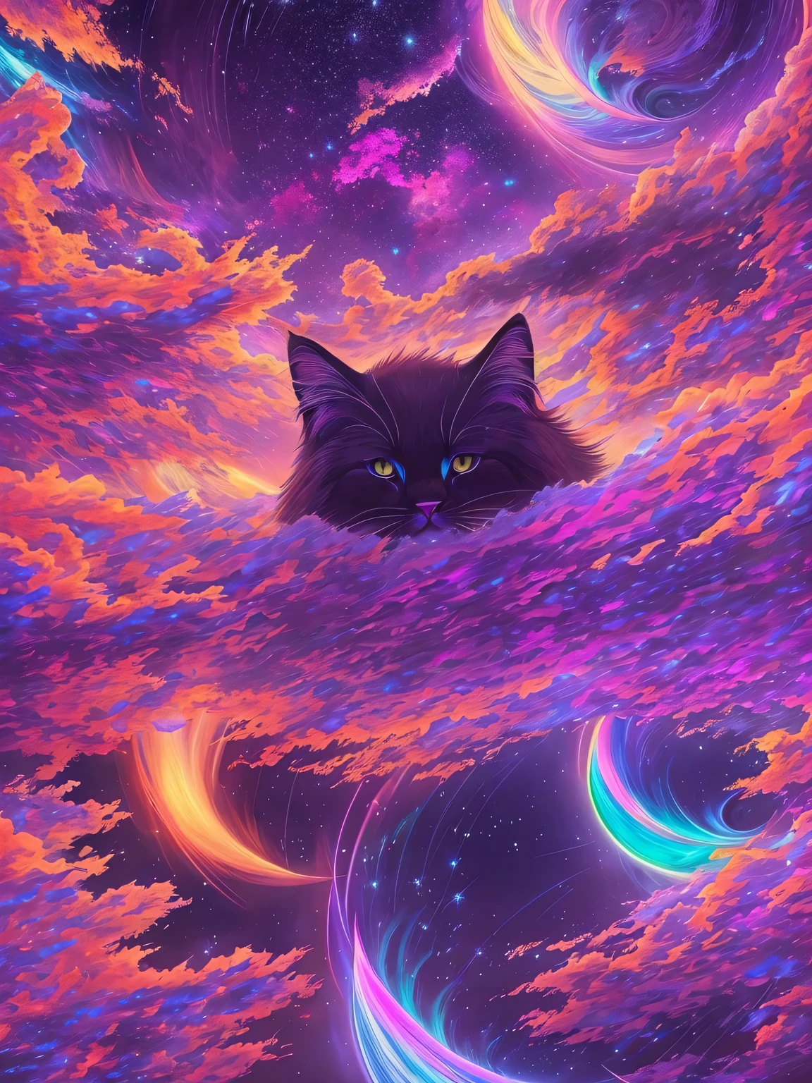 The shadow of a crying cat appears from the shining clouds、Spectacular scenery beyond imagination, glowing hearts, Tears, fear, flowing, Bioluminescent skin, Fractal Nebula Thread, iridescent, Rain, cosmic entities, celestial, cosmic, Transparent, Vibrant and vivid, swirls, Twirling, Unrealistic, High contrast, Symbolism, Magical, Mystical, mistic, hyper realisitic, Hypersaturated, colourfull, saddened, hopeless, heartbreak, Dark, sobbing