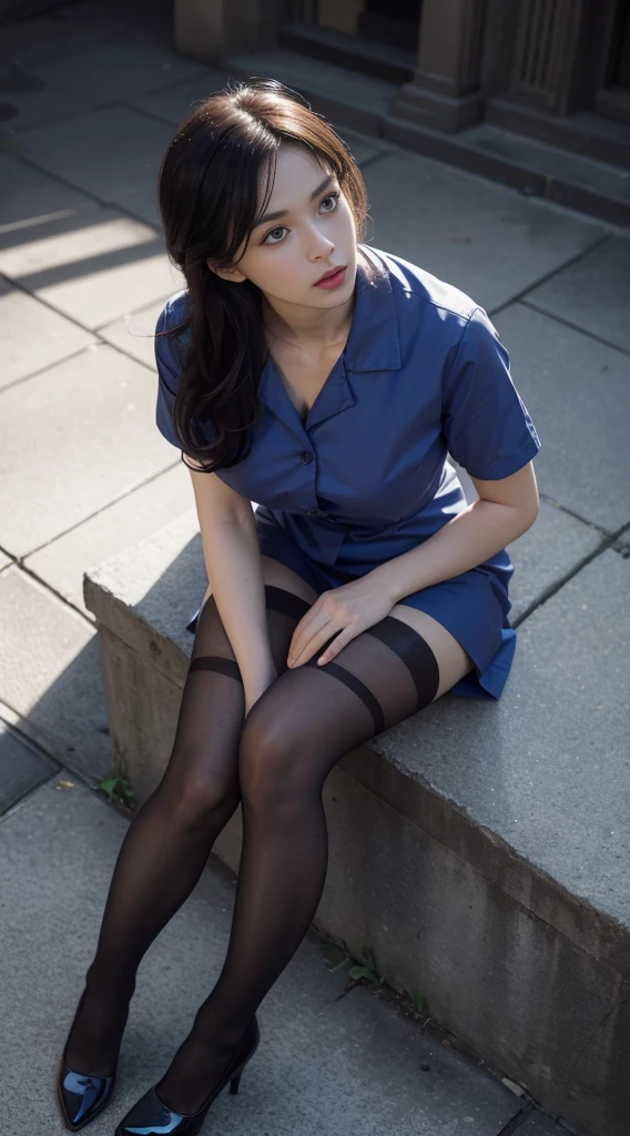 (full bodyesbian:1.5),(1girll:1.3),(looking up at viewer:1.4),(Anatomical accuracy:1.4),(sitting on top of the hill:1.2),(wear a nurse uniform:1.2),(Opaque pantyhose:1.3),( Woman pointy toes thick heels :1.1),(A precise and perfect face:1.3),(Long leg:1.3),Hyper HD, Ray traching, reflective light, Structurally accurate, Award-Standing, High Detail, Shadow contrast fade, Face Lighting ,Cinematic lighting, Masterpiece, Super detailing, High Quality, High Detail, Best Quality, 16 k,High contrast,