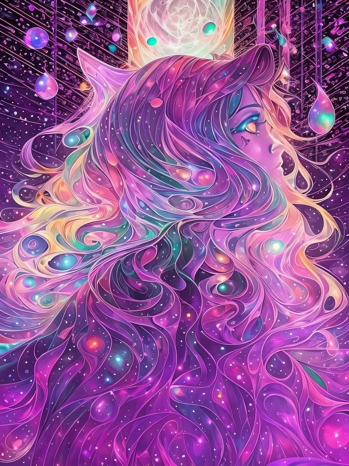The shadow of a crying calico cat appears from the shining clouds、Spectacular scenery beyond imagination, glowing hearts, Tears, fear, flowing, Bioluminescent skin, Fractal Nebula Thread, iridescent, Rain, cosmic entities, celestial, cosmic, Transparent, Vibrant and vivid, swirls, Twirling, Unrealistic, High contrast, Symbolism, Magical, Mystical, mistic, hyper realisitic, Hypersaturated, colourfull, saddened, hopeless, heartbreak, Dark,