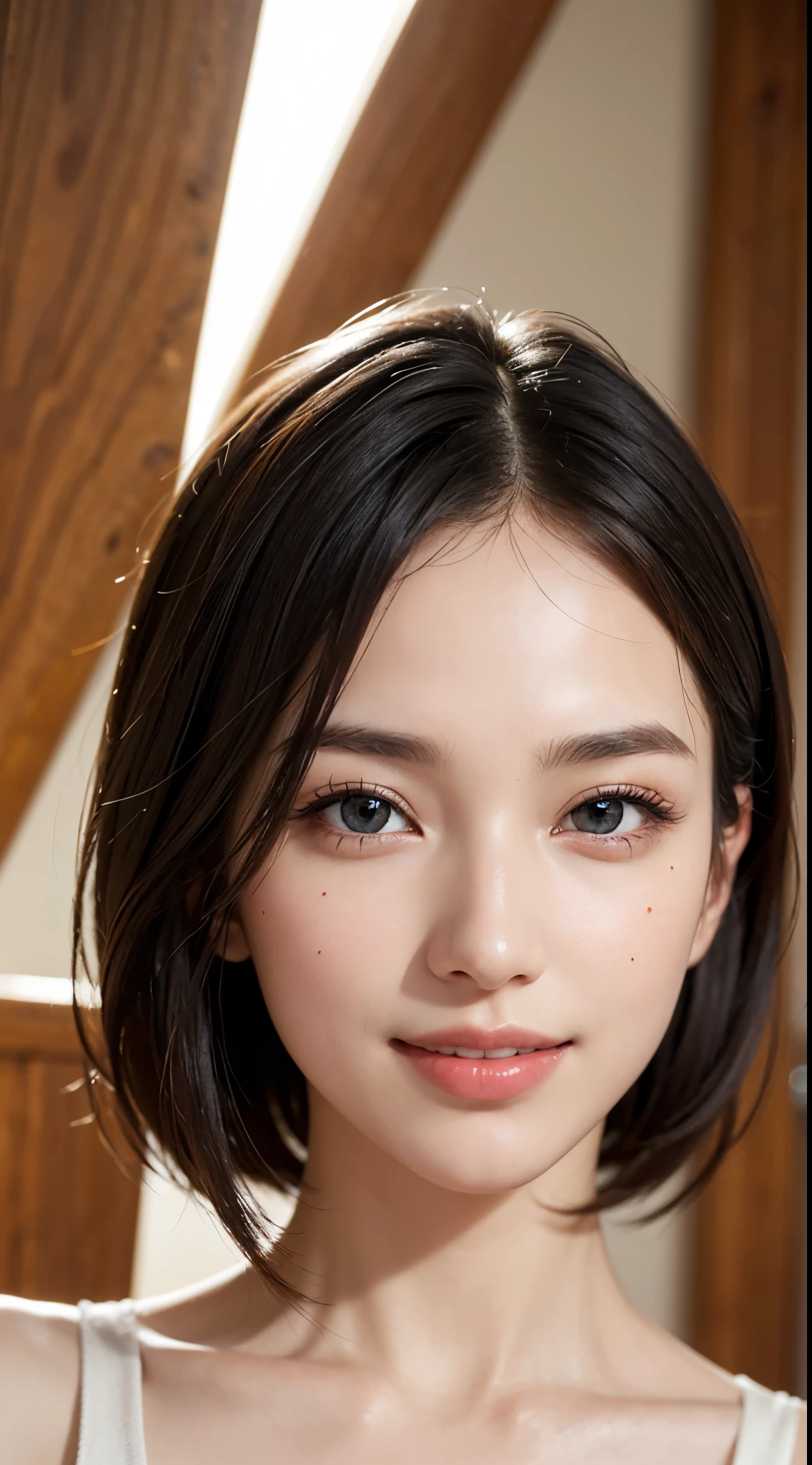Best Quality, masutepiece, 超A high resolution, (Photorealistic:1.4), Raw photo, 1girl in, kーpop idol, short-hair, Indoor, Summer noon,Detailed eyes,(realisticeyes),delicated face,realskin,detailed hairs,Detailed skin,Beautiful face,Smiling、((Beautiful hair ornament))、
