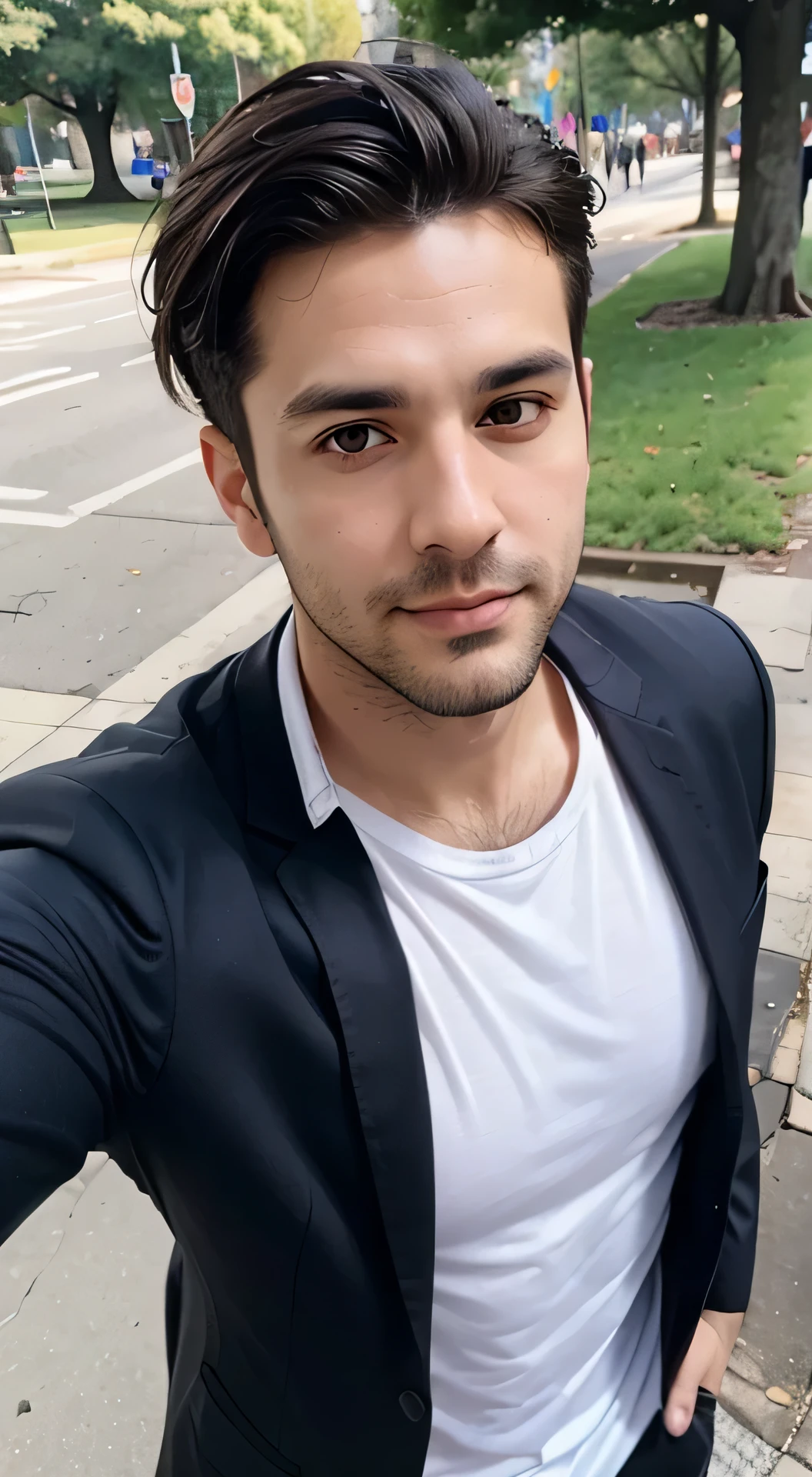 30 year old handsome man selfie, Above the chest, Park background, oblique