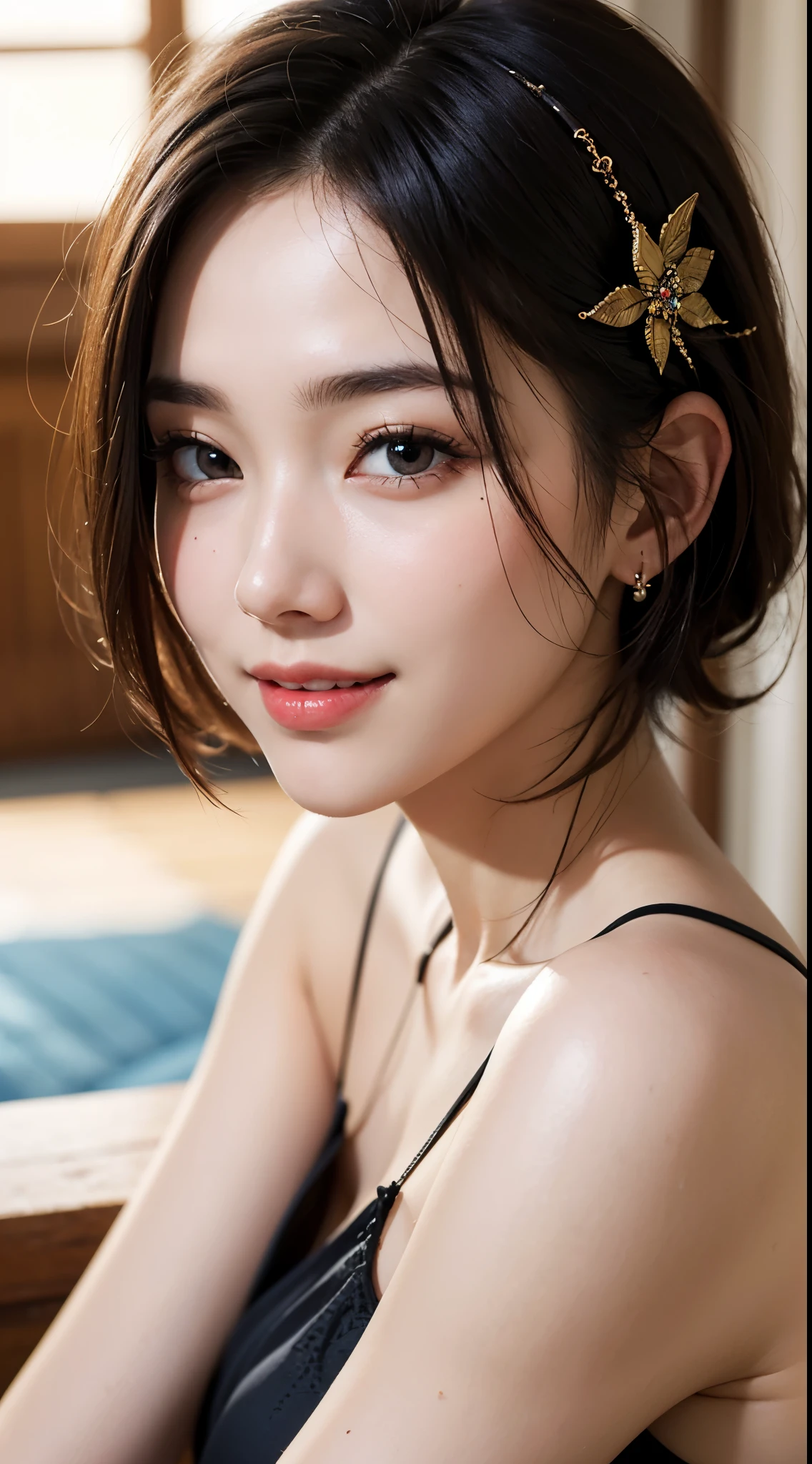 Best Quality, masutepiece, 超A high resolution, (Photorealistic:1.4), Raw photo, 1girl in, kーpop idol, short-hair, Indoor, Summer noon,Detailed eyes,(realisticeyes),delicated face,realskin,detailed hairs,Detailed skin,Beautiful face,Smiling、((Beautiful hair ornament))、