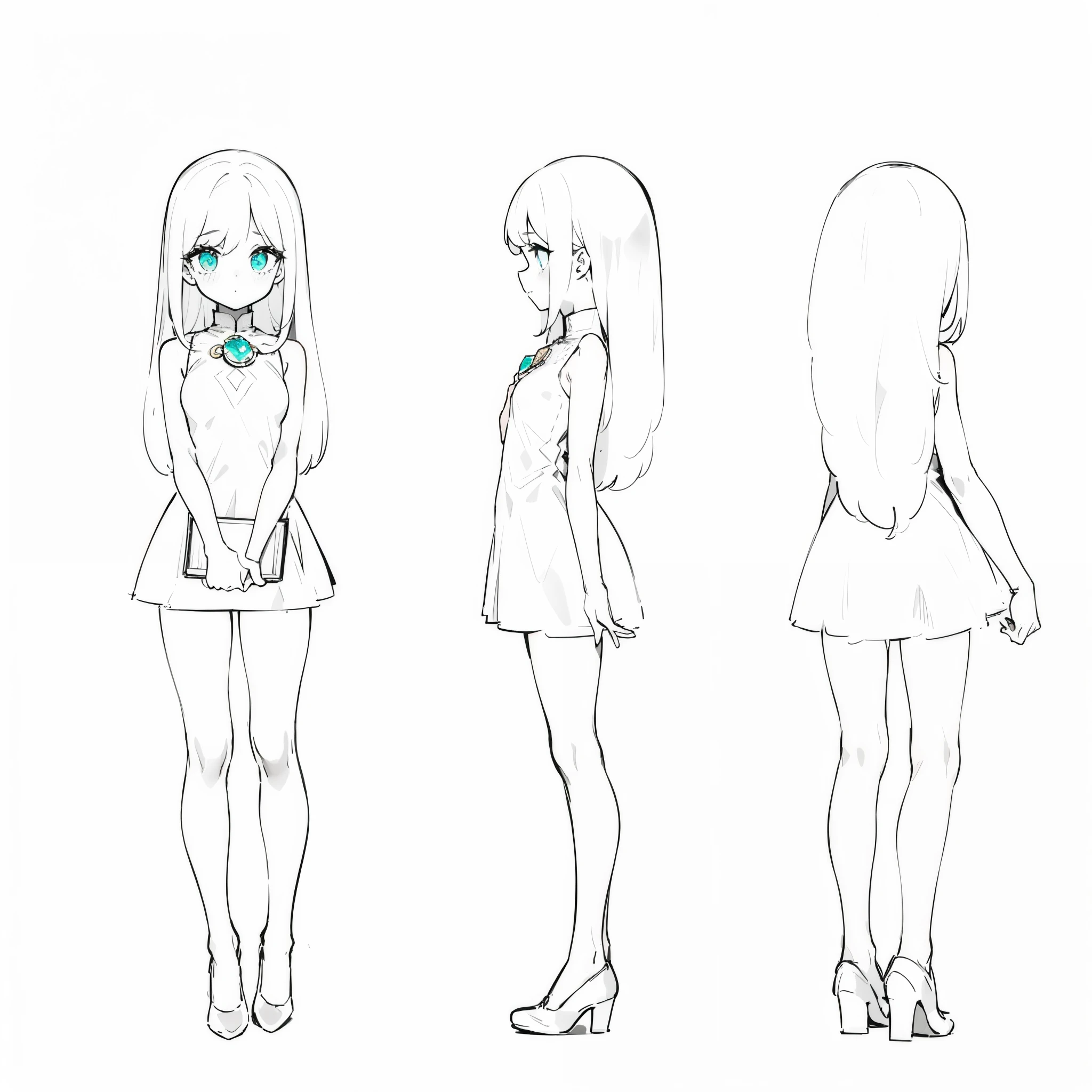 one-girl,adorable eyes,No bangs,Three View,High neck sleeveless dress,Holding a magic book in hand,Wear leather shoes with round toes,The chest is a large gem,tmasterpiece,extremly high detail