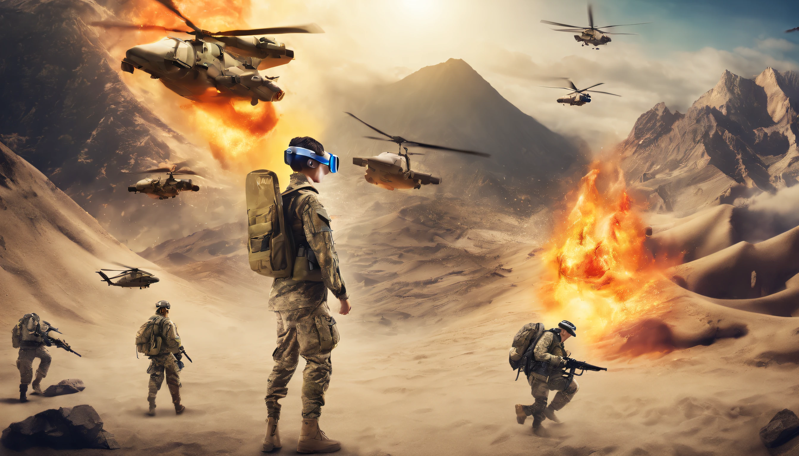 VR glasses promotional poster，VR experience army life，single upper body，people on the right，On the left is the mountain，Simulation training，Flying sand，blaze，Simulation training场所，composite poster，Depth-of-fie，high high quality，Oh really，hyper HD