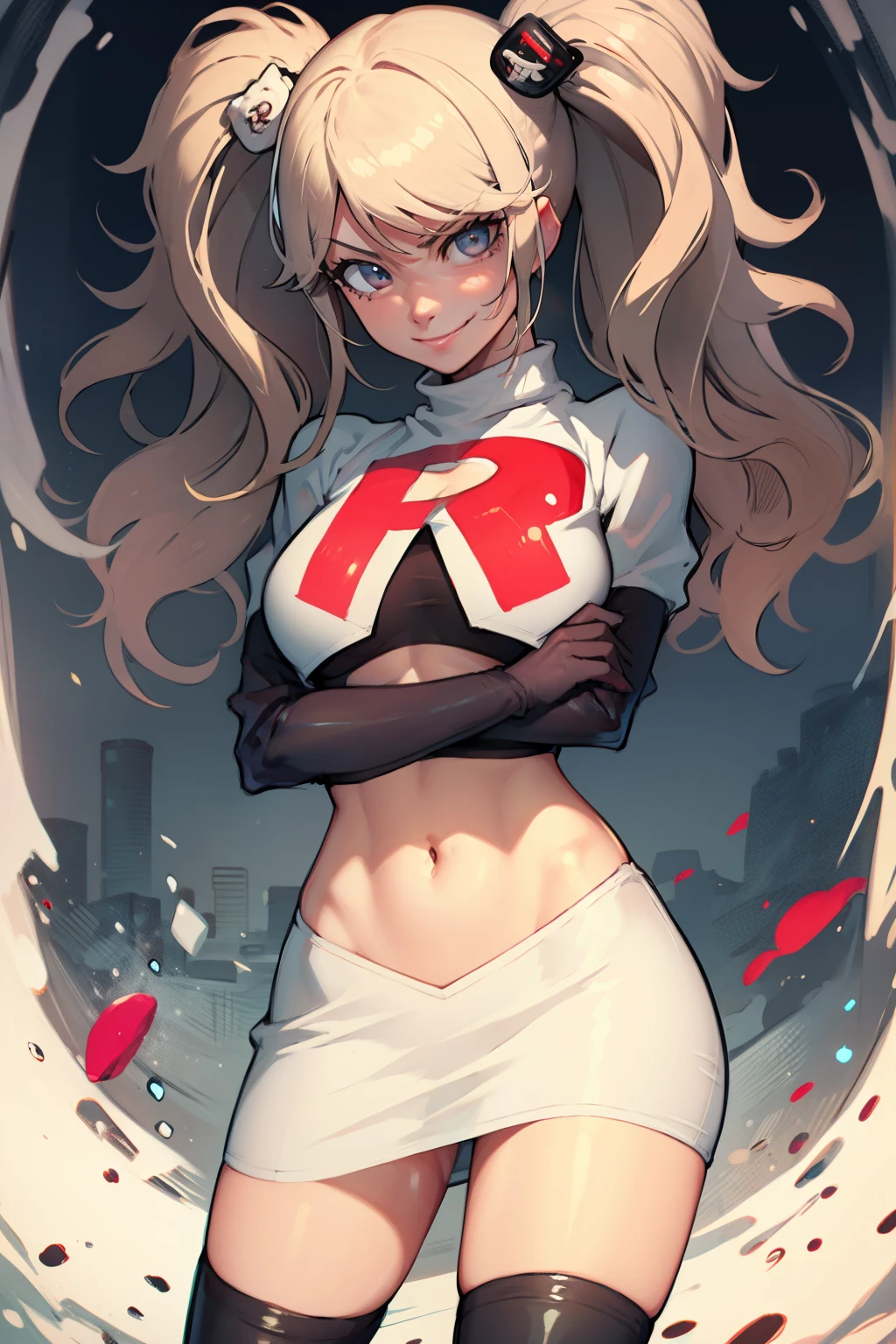 junko enoshima, glossy lips ,team rocket,team rocket uniform, red letter R, white skirt,white crop top,black thigh-high boots, black elbow gloves , looking at viewer, evil smile, arms crossed