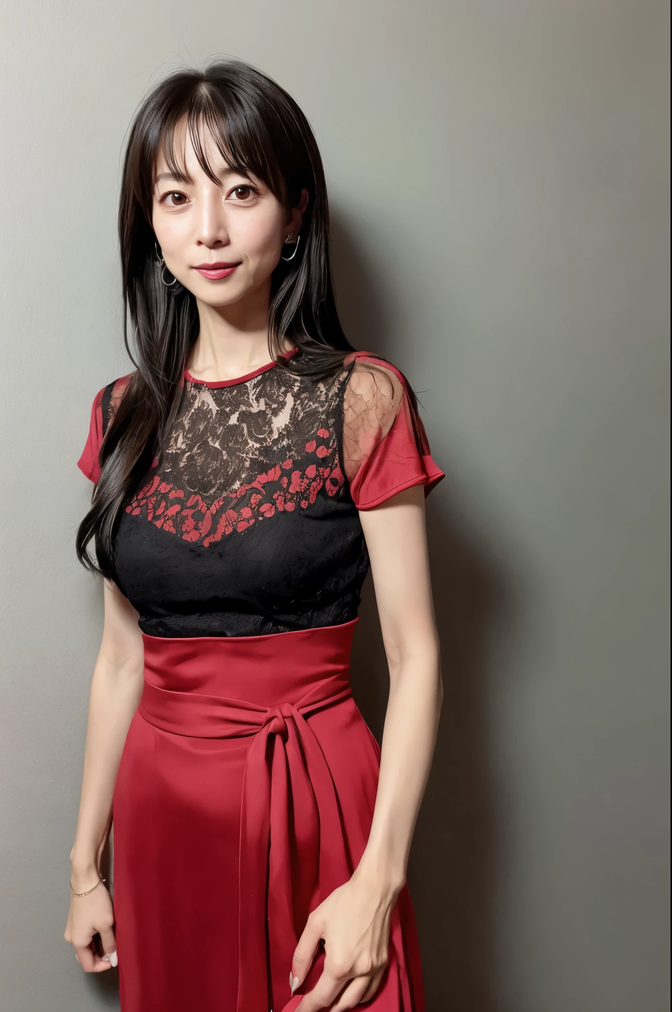 (High reality photograph, high resolusion photograph, super detailed face, detailed eyes) Skinny Japanese lady, 40 years old, cute face, various face expression, black long hair, skinny figure, medium breasts, very thin waist, chinese dress, full-body photo, alone in a photo