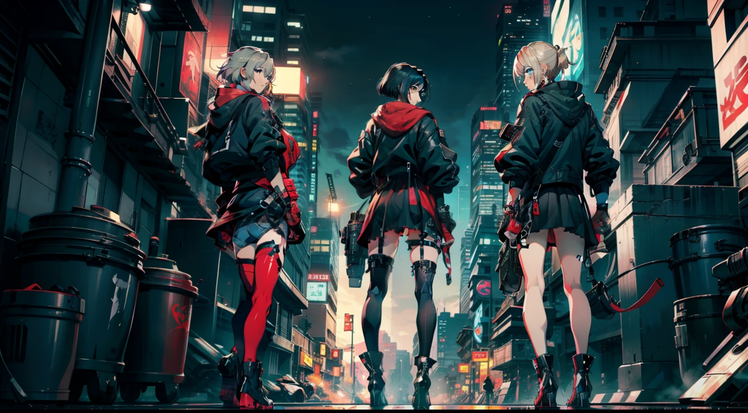 cyberpunked、girl with、mechanic、comical、Anime style、Gray and dark hair、motor bikes、Rider Jacket、punk coloring、sity、ナイトsity、group、street fighter、Gladiator