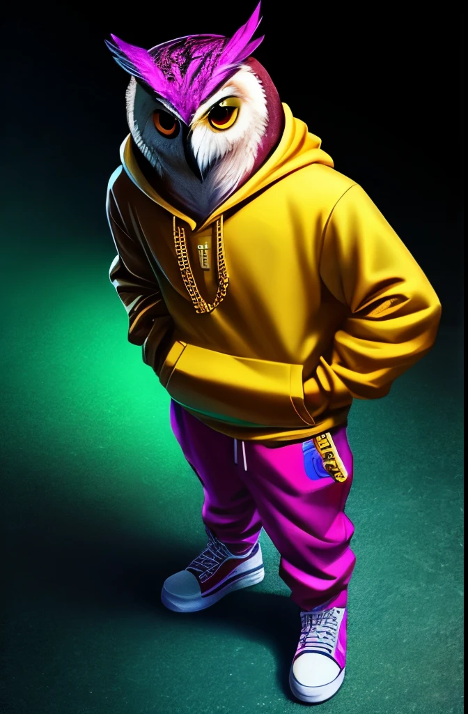 Owl with hoody, rapper, gold chain, hot blaster standing on the floor, bright colors realistic