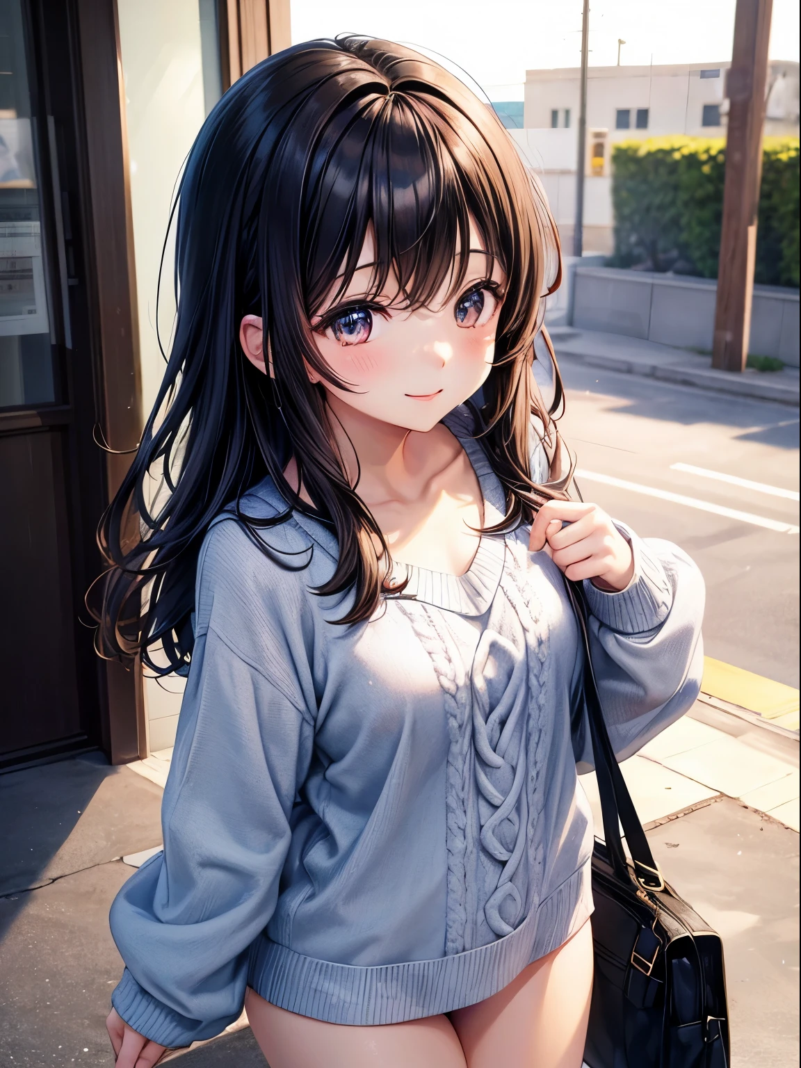 kawaii、girl with、Anime style、A dark-haired、jpn、stare、A smile、Wear less revealing clothing、Unclear、high-level image quality、kawaii服装、knitted sweater、up chest、Young look