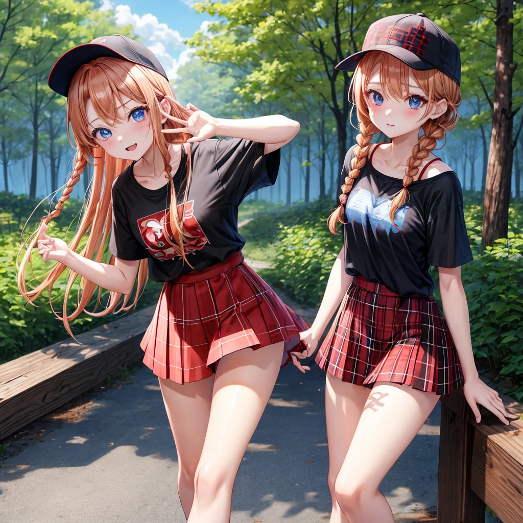 red blonde、blue eyess、Braids、one good looking girl、独奏、animesque、Plaid miniskirt、Black T-shirt、camisole、the woods、Sunlight、Wearing a plaid baseball cap、bare-legged、Tilting your face、Walking