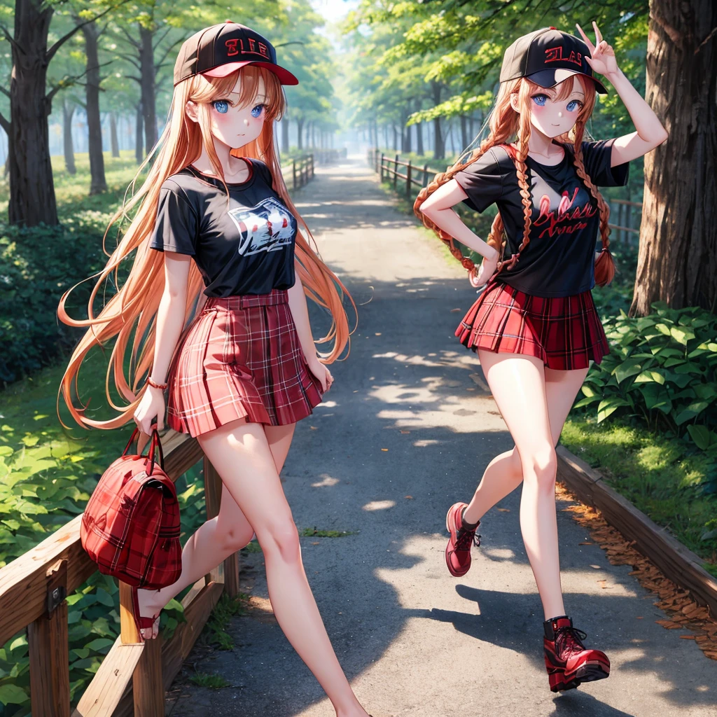 red blonde、blue eyess、Braids、one good looking girl、独奏、animesque、Plaid miniskirt、Black T-shirt、camisole、the woods、Sunlight、Wearing a plaid baseball cap、bare-legged、Tilting your face、Walking