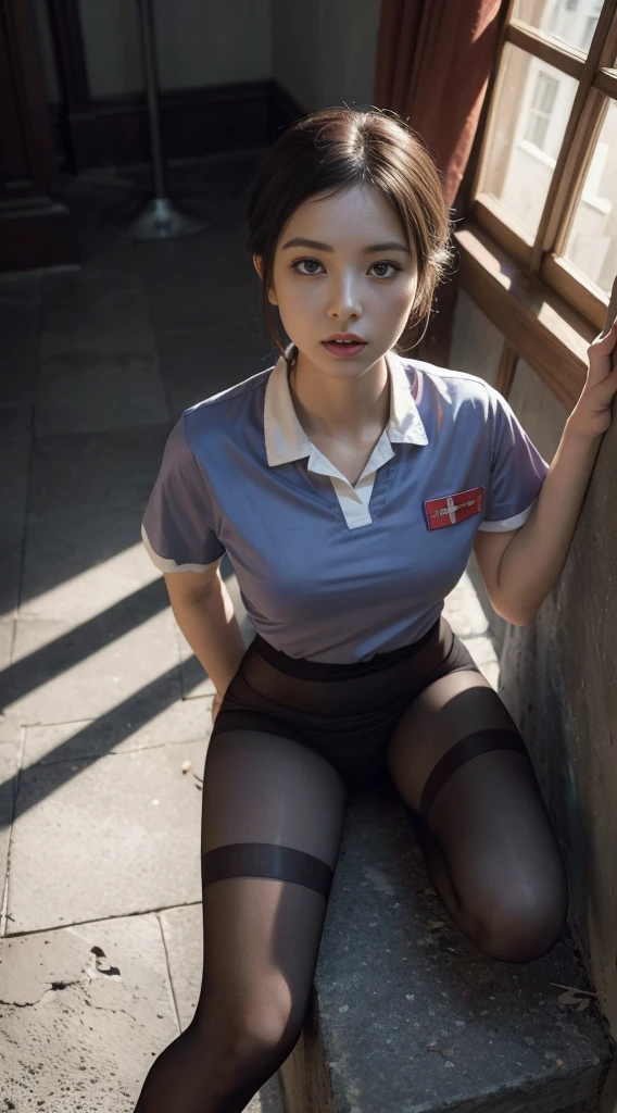 (full bodyesbian:1.5),(1girll:1.3),(looking up at viewer:1.4),(Anatomical accuracy:1.4),(sitting on top of the hill:1.2),(wear a nurse uniform:1.2),(Opaque pantyhose:1.3),( Woman pointy toes thick heels :1.1),(A precise and perfect face:1.3),(Long leg:1.3),Hyper HD, Ray traching, reflective light, Structurally accurate, Award-Standing, High Detail, Shadow contrast fade, Face Lighting ,Cinematic lighting, Masterpiece, Super detailing, High Quality, High Detail, Best Quality, 16 k,High contrast,Look ahead,