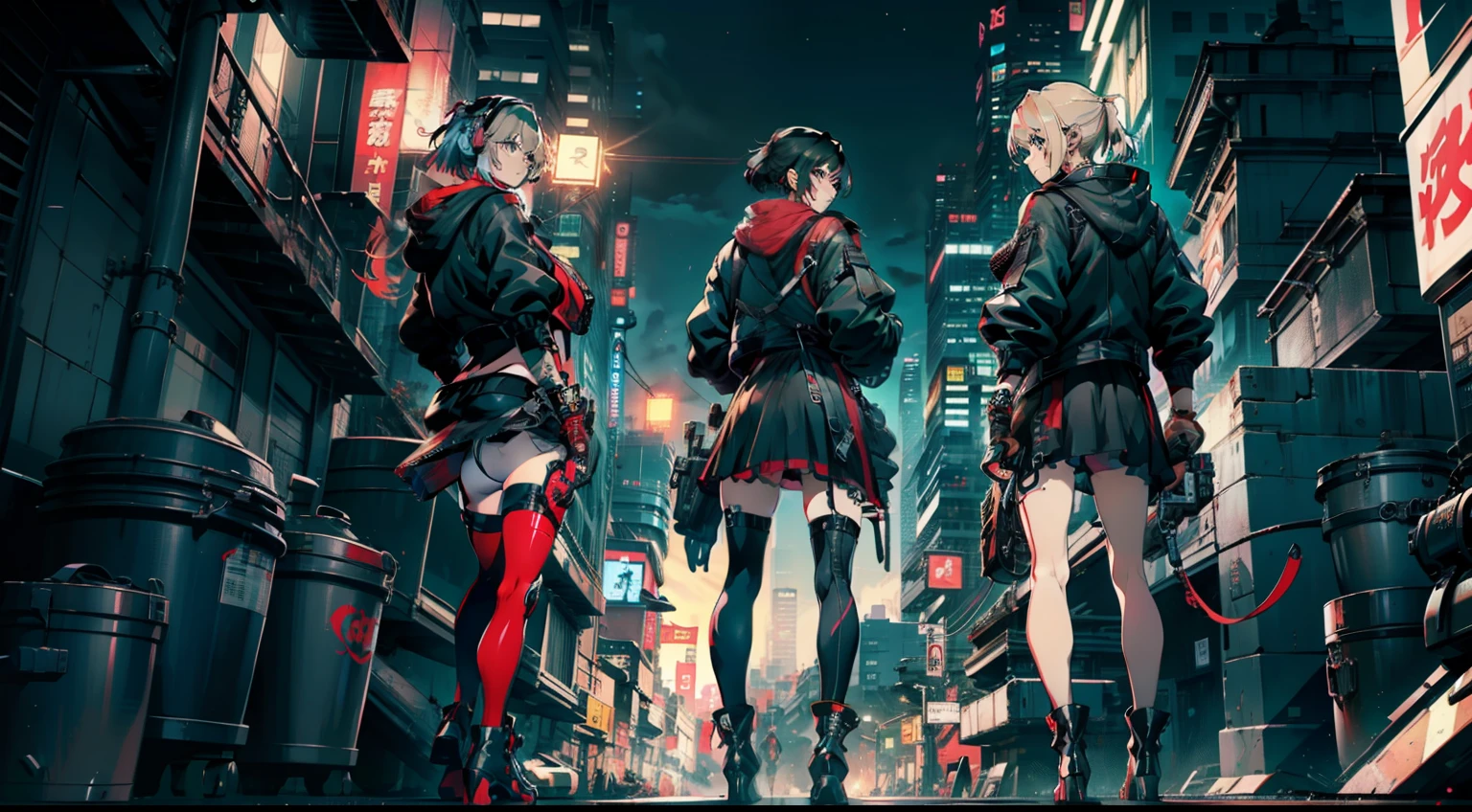 cyberpunked、girl with、mechanic、comical、Anime style、Gray and dark hair、motor bikes、Rider Jacket、punk coloring、sity、ナイトsity、group、street fighter、Gladiator