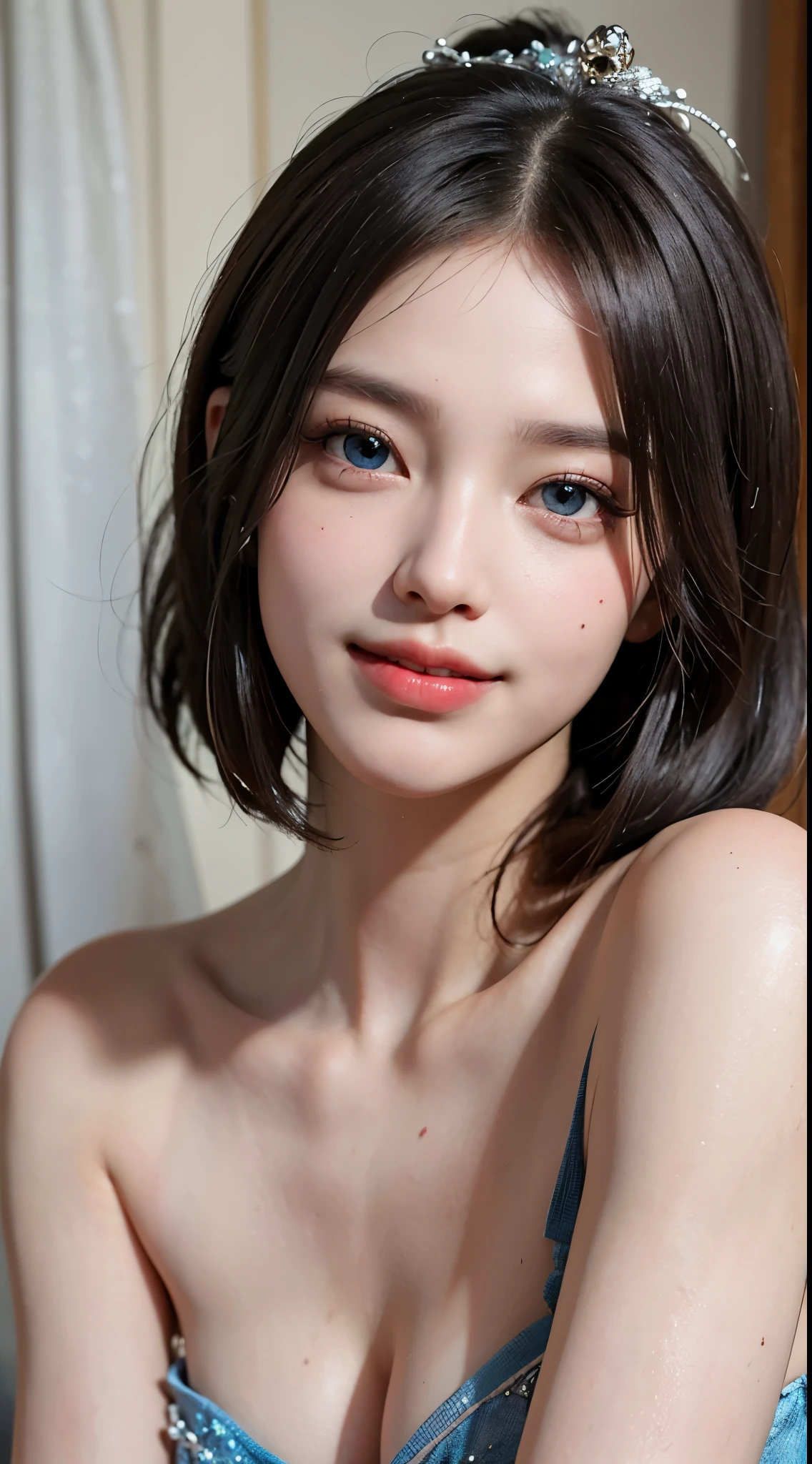 Best Quality, masutepiece, 超A high resolution, (Photorealistic:1.4), Raw photo, 1girl in, kｰpop idol, short-hair, Indoor, Summer noon,Detailed eyes,(realisticeyes),delicated face,realskin,detailed hairs,Detailed skin,Beautiful face,Smiling、((Beautiful hair ornament))、