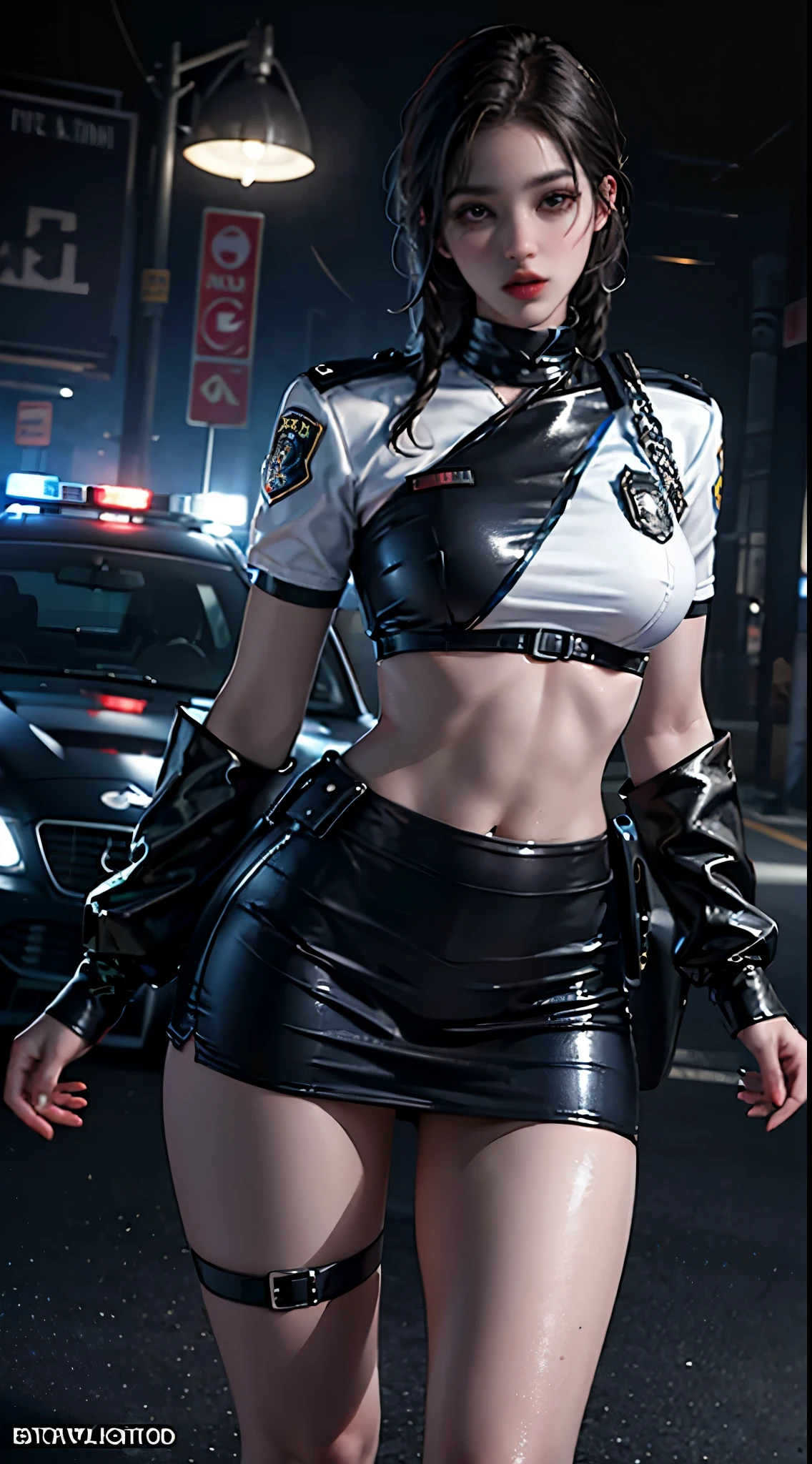 (RAW photo, 4k, masterpiece, high resolution, extremely complex) (realistic: 1.3), cinematic lighting Delicate girl with facial features, oversized, sexy body, protruding and upturned 1 female policeman blue police uniform uniform black wrapped short skirt, handsome action with batons, night scene, movie shot, white skin, panoramic police car next to it