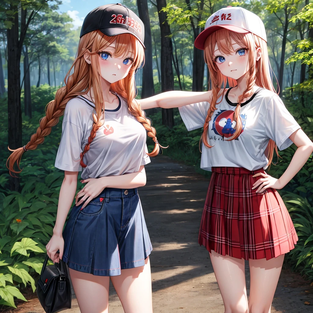 red blonde、blue eyess、Braids、one good looking girl、独奏、animesque、Plaid miniskirt、Black T-shirt、camisole、the woods、Sunlight、Wearing a plaid baseball cap、bare-legged、Tilting your face、Walking、Hands on hips