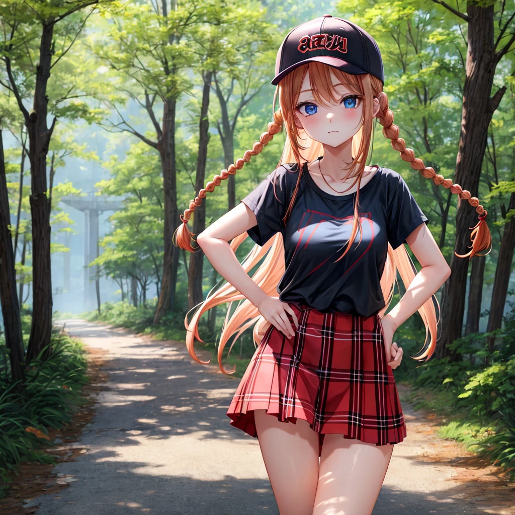 red blonde、blue eyess、Braids、one good looking girl、独奏、animesque、Plaid miniskirt、Black T-shirt、camisole、the woods、Sunlight、Wearing a plaid baseball cap、bare-legged、Tilting your face、Walking、Hands on hips
