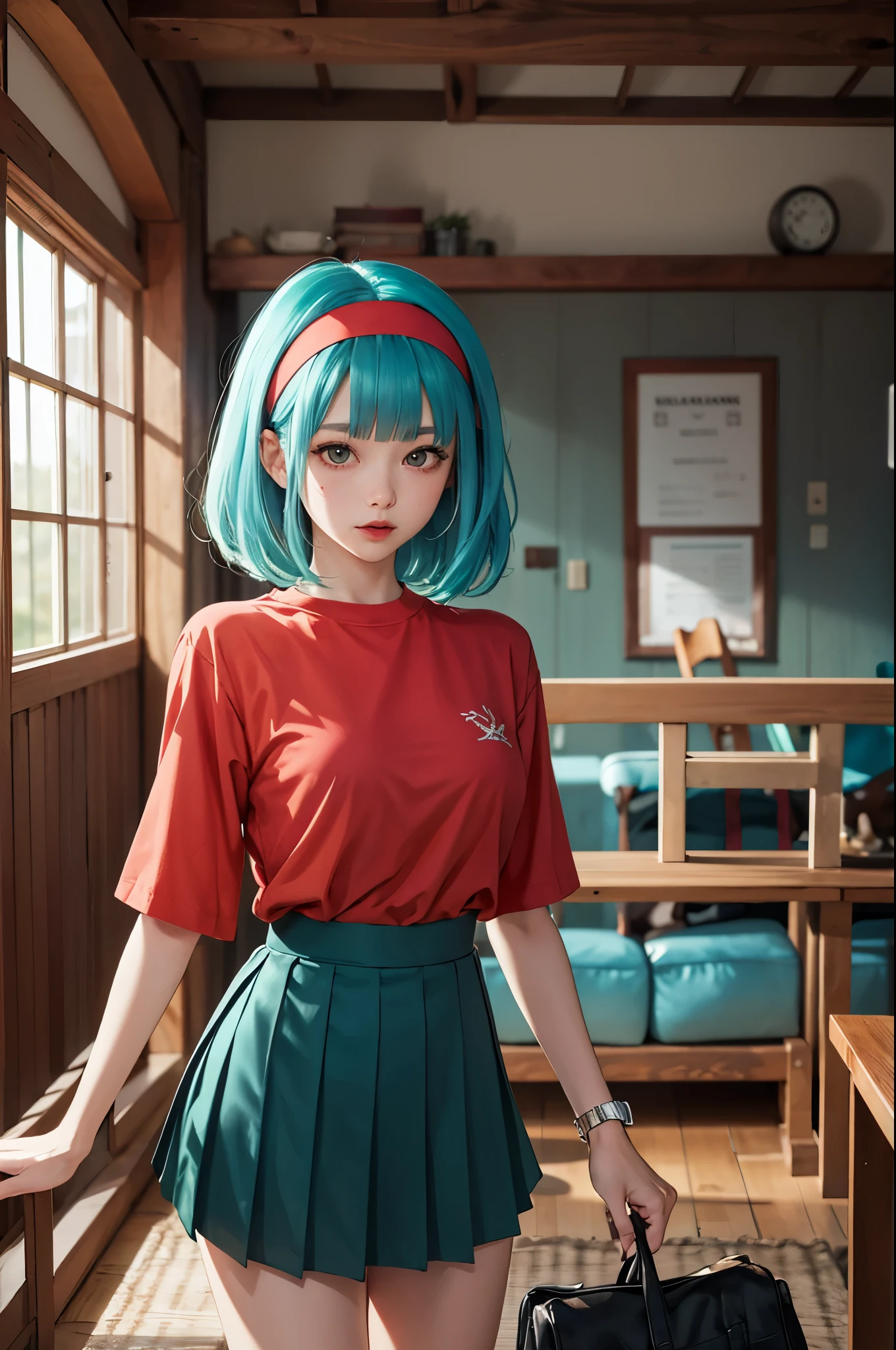 masterpiece, best quality, highres, dragon ball, blmmid, aqua hair, medium hair, blunt bangs, red hairband, medium breasts, shirt, skirt, cowboy shot, indoors, standing,