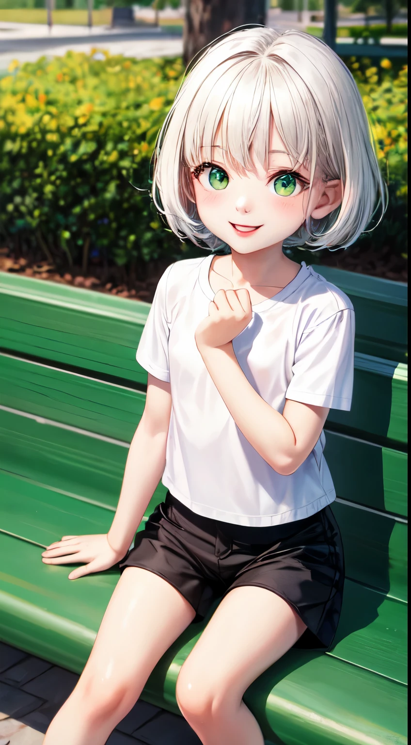  sitting in the park, girl, smiling, green eyes, short white hair, white shirt, black shorts, cute face, red lips, black shoes, high resolution