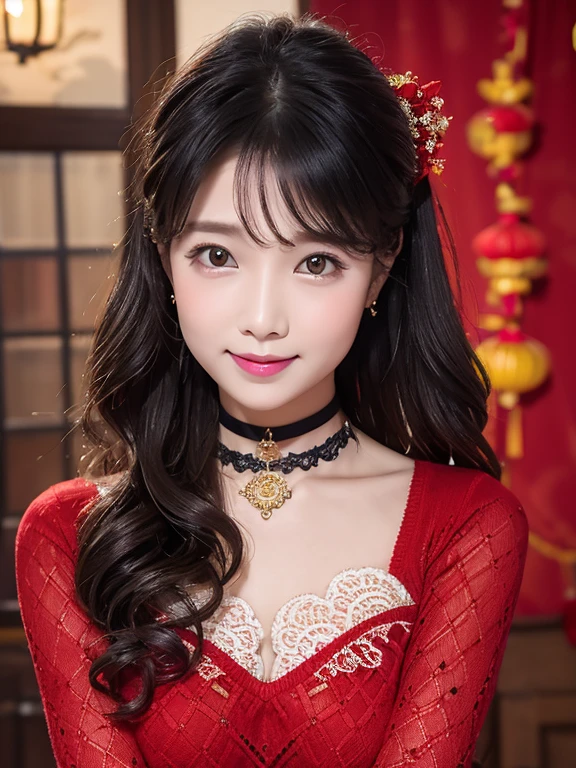 wavy hairwavy hair（（（The eyes are delicate））），hair adornments，choker necklace，Woman wearing sexy red lace sweater，Room filled with Chinese New Year decorations（（Grinning））（（（tmasterpiece）））， （（Best quality））， （（intricately details））， （（hyper realisitc））（8K）