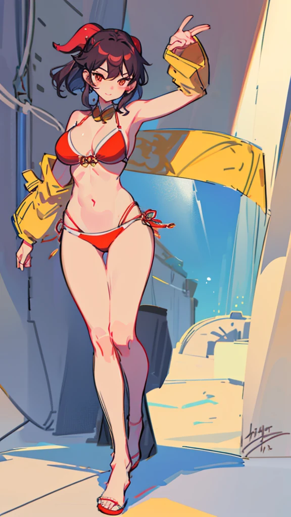Masterpiece, best quality, Masterpiece, best quality, 1 woman , brown skin , black short hair , purple eyes , sly face , black bikini , big breasts , abdomen , Long legs , Put your hands on your hips.. , sports shoes , In the elevator , full body , low angle shot