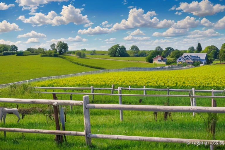 Claude Monet-style(((impressionistic oil painting)))、blue that stretches to the horizon々corn field in minnesota、Corn leaves piled up everywhere、Clear blue sky with few clouds、An American-style one-story house with white siding on the new walls visible in the distance、(((Several thoroughbreds are grazing.))),Leafless trees that grow here and there々。 There is a white fence on the ranch--ar 279:210--There is no river。Erase signs and letters