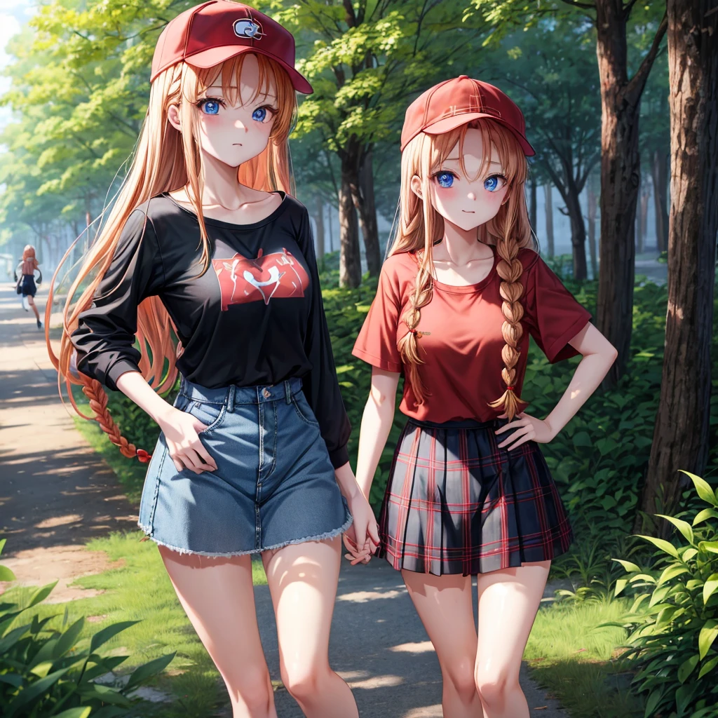 red blonde、blue eyess、Braids、one good looking girl、独奏、animesque、Plaid miniskirt、Black T-shirt、camisole、the woods、Sunlight、Wearing a plaid baseball cap、bare-legged、Tilting your face、Walking、Hands on hips