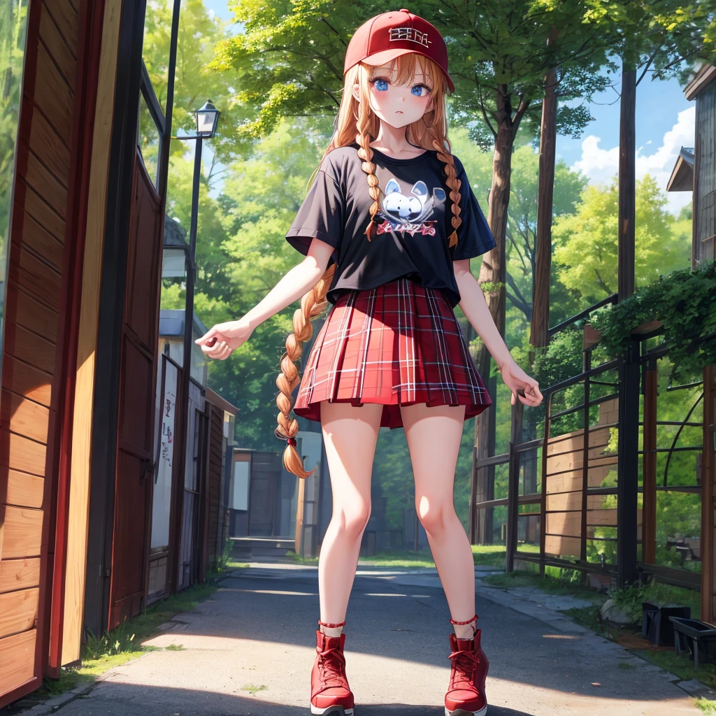 red blonde、blue eyess、Braids、one good looking girl、独奏、animesque、Plaid miniskirt、Black T-shirt、camisole、the woods、Sunlight、Wearing a plaid baseball cap、bare-legged、Tilting your face、Walking、Hands on hips