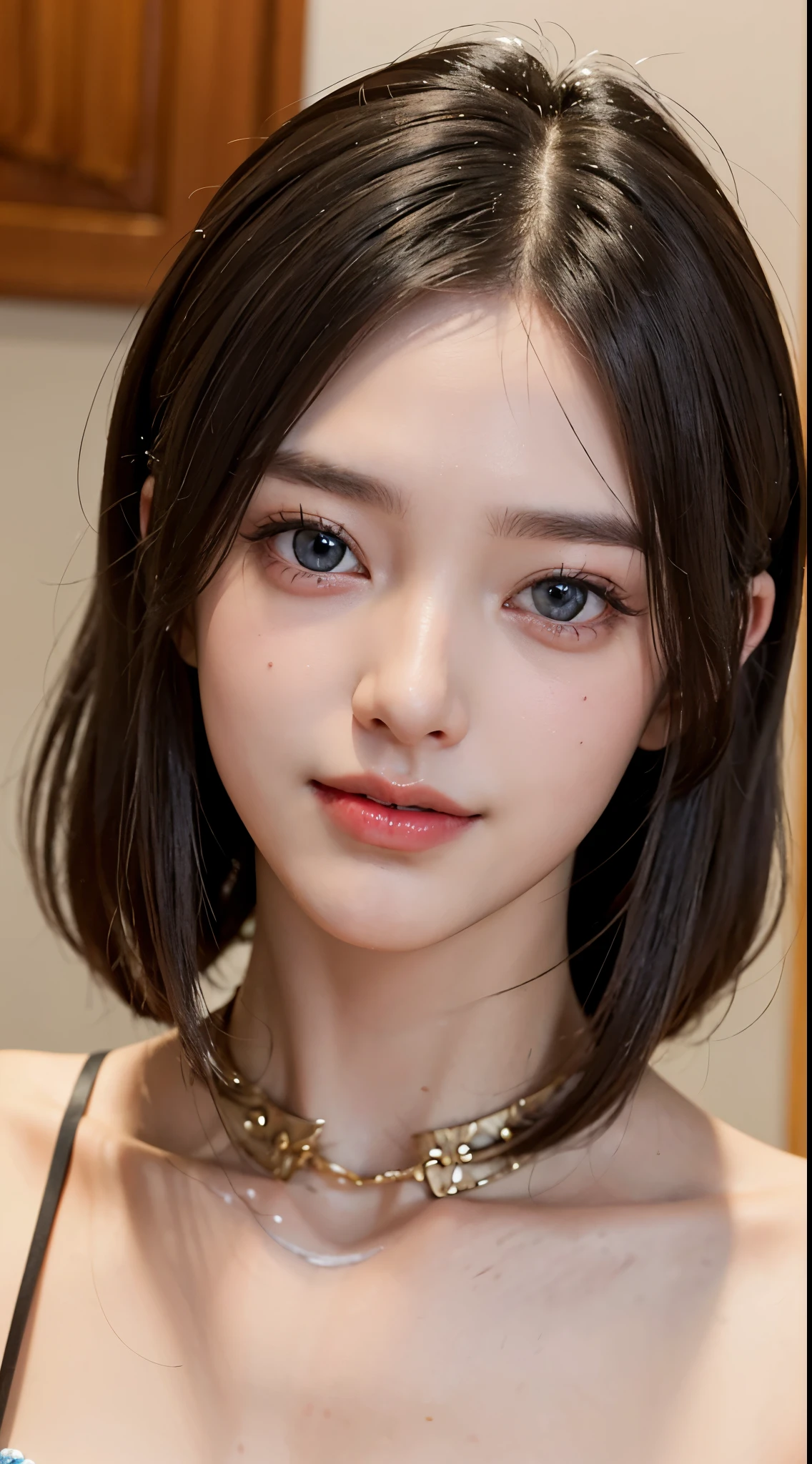 Best Quality, masutepiece, 超A high resolution, (Photorealistic:1.4), Raw photo, 1girl in, kーpop idol, short-hair, Indoor, Summer noon,Detailed eyes,(realisticeyes),delicated face,realskin,detailed hairs,Detailed skin,Beautiful face,Smiling、((Beautiful hair ornament))、