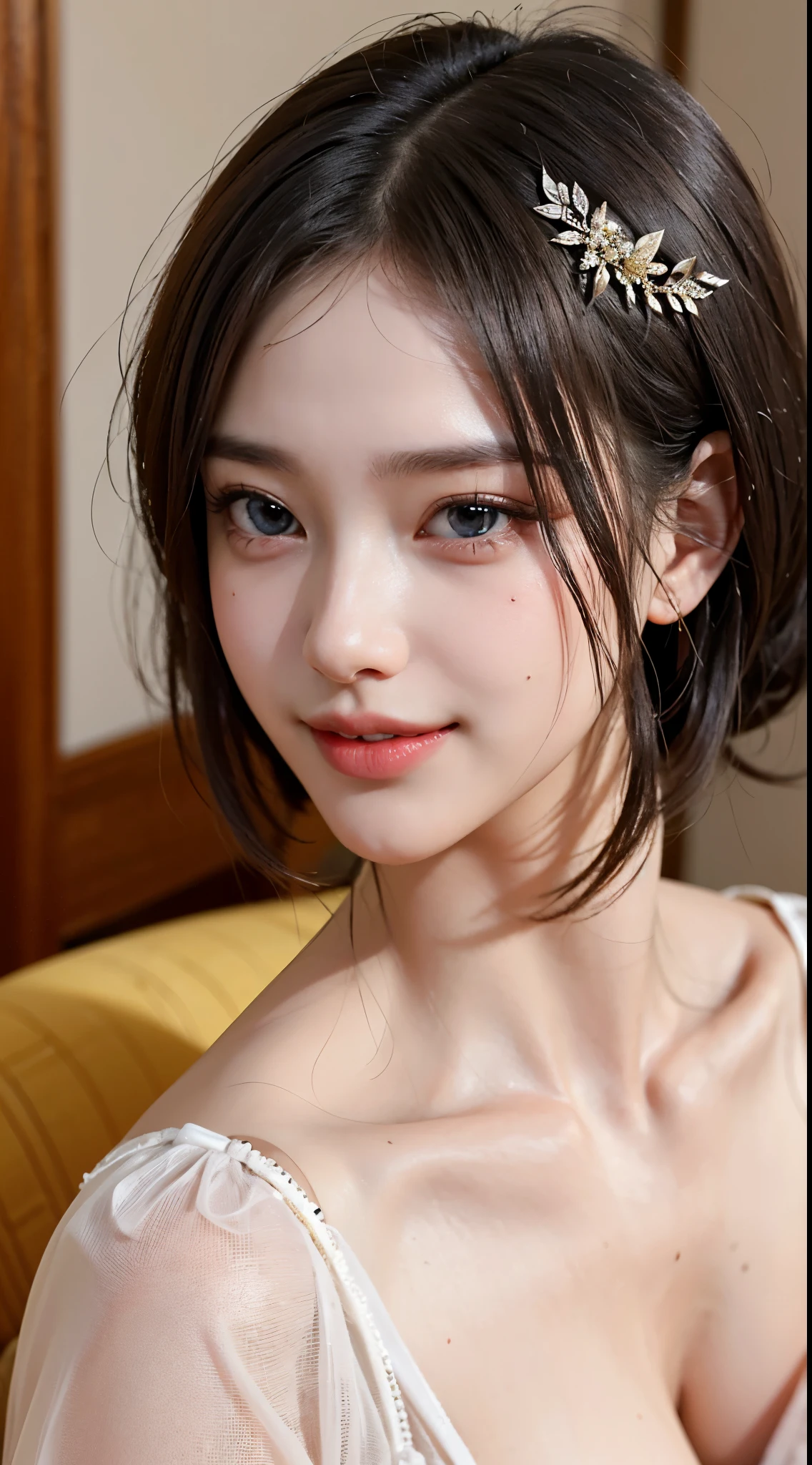 Best Quality, masutepiece, 超A high resolution, (Photorealistic:1.4), Raw photo, 1girl in, kｰpop idol, short-hair, Indoor, Summer noon,Detailed eyes,(realisticeyes),delicated face,realskin,detailed hairs,Detailed skin,Beautiful face,Smiling、((Beautiful hair ornament))、