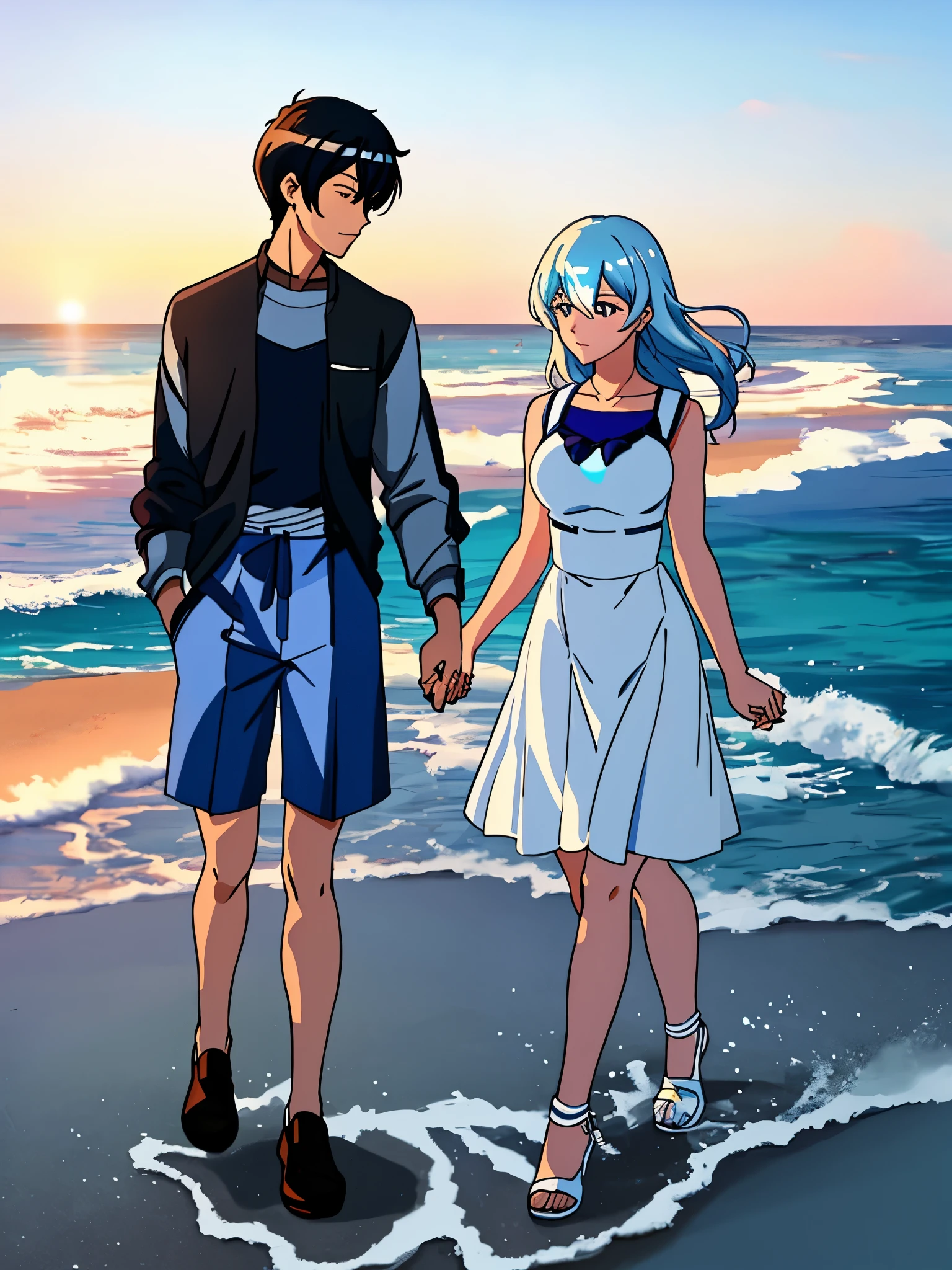 Cartoon couple holding hands walking on the beach, guweiz and Shinkai sincerely, sakimichan and Shinkai sincerely, ( ( Shinkai sincerely ) ), in style of Shinkai sincerely, Shinkai sincerely!, Shinkai sincerely cyril rolando, Shinkai sincerely and artgerm, Shinkai sincerely!!