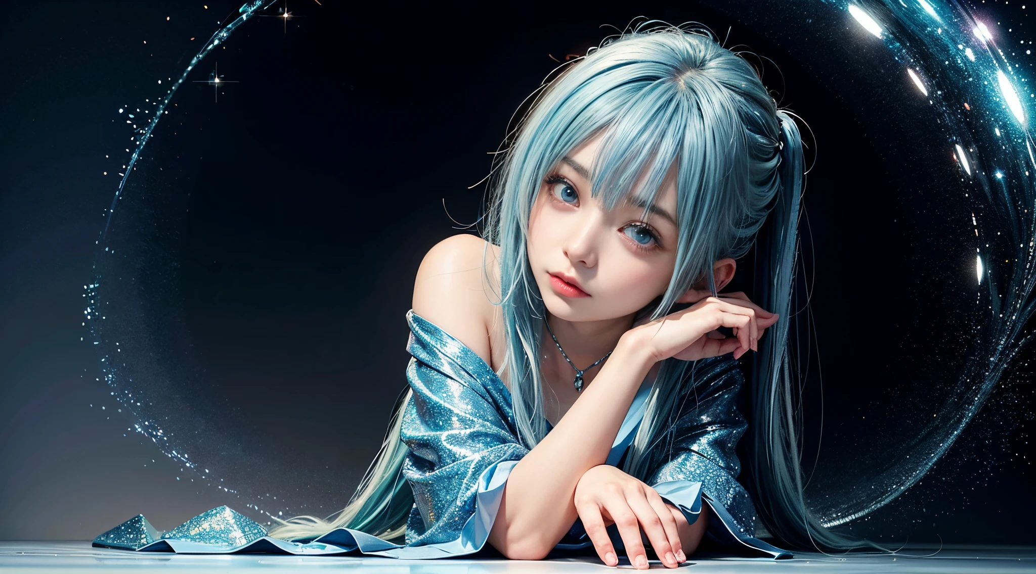 Best AI Image Generation Creator，masutepiece，lightblue hair，large round eyes，stare、mirai、cute little，glitter liquid dress，Lie down、Halation、Sunlight、misty glitter