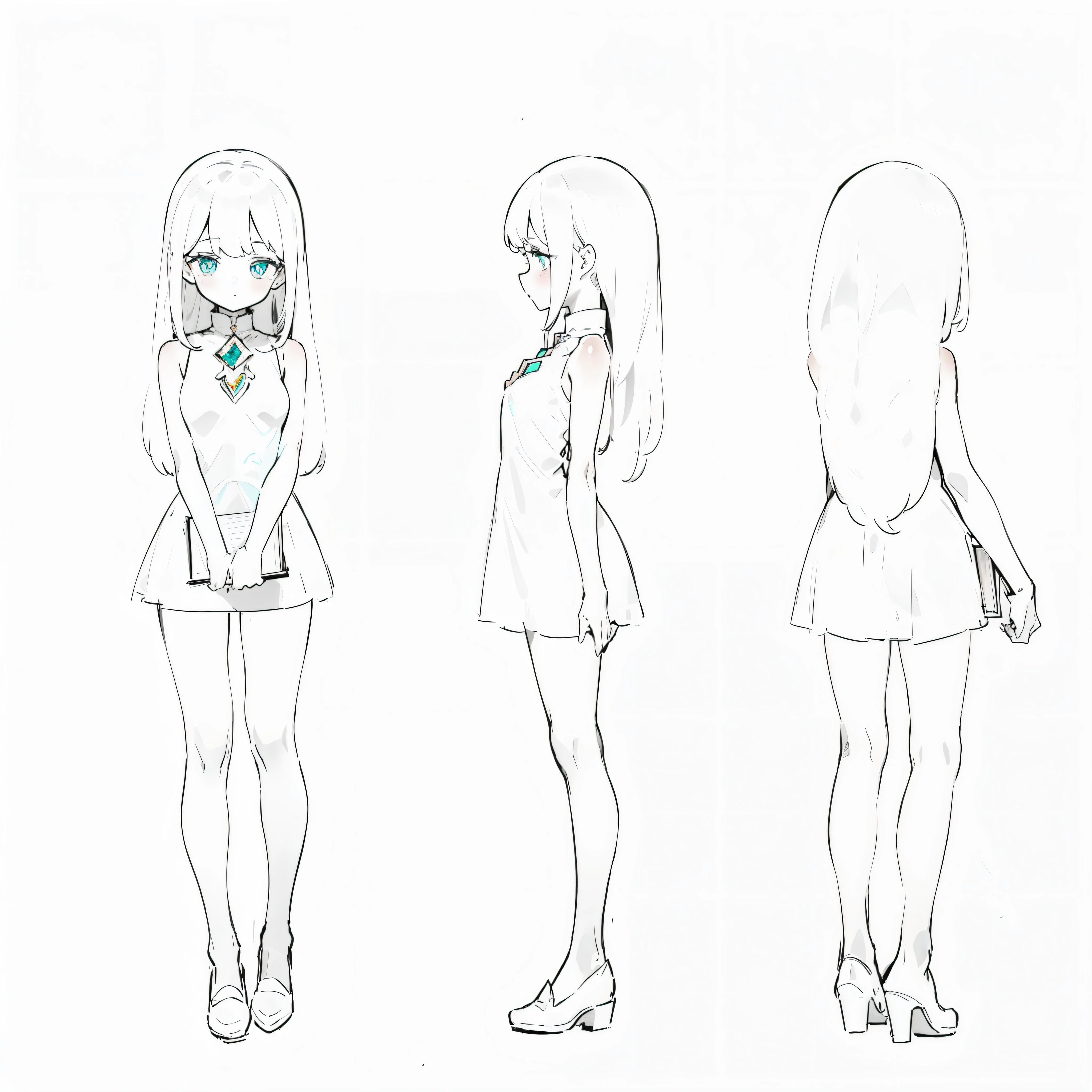 one-girl,adorable eyes,No bangs,Three View,High neck sleeveless dress,Holding a magic book in his hand,Wear round leather shoes,The chest is a big gem,tmasterpiece,extremly high detail