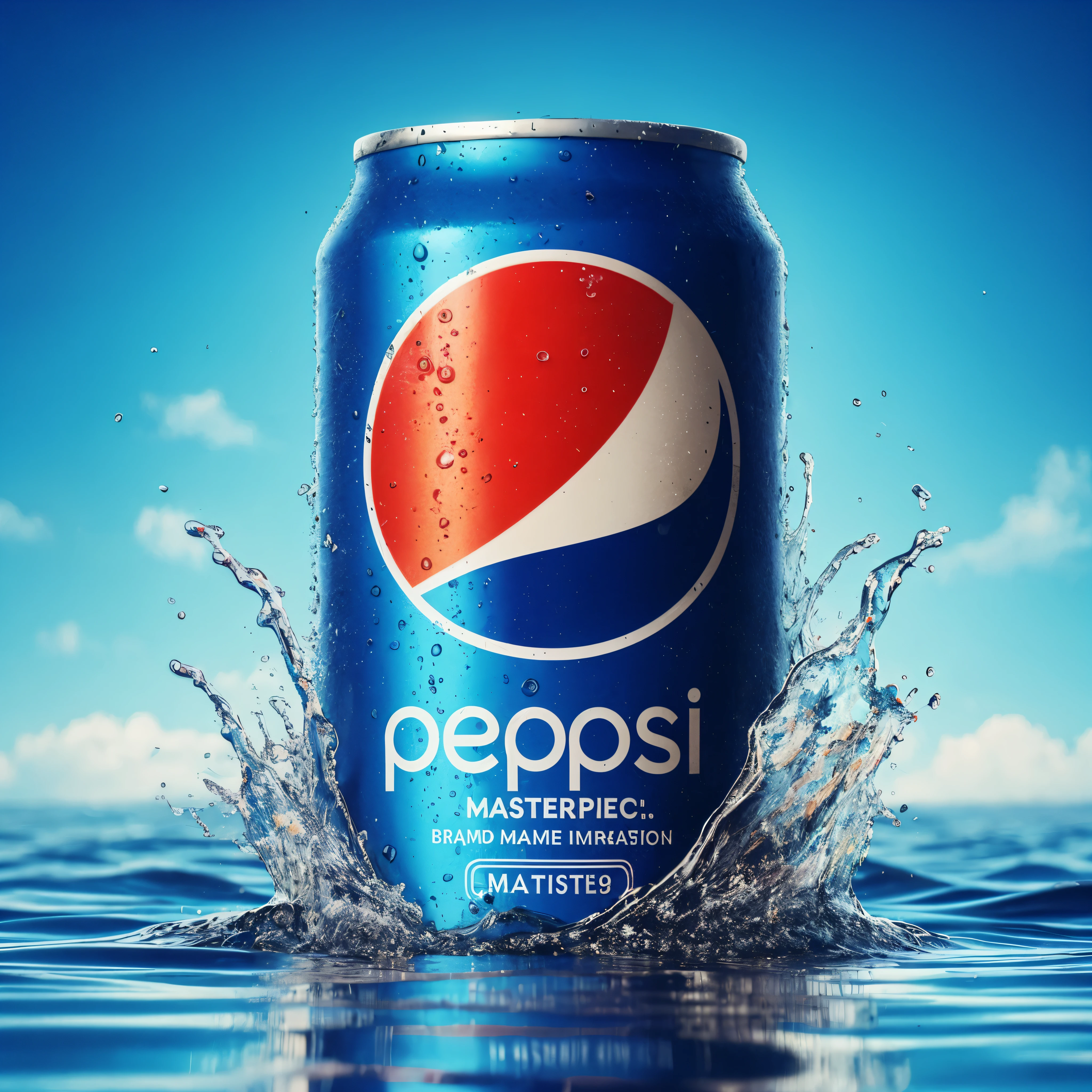 (best quality, masterpiece),  pepsi, can, brand name imitation,English text, water background