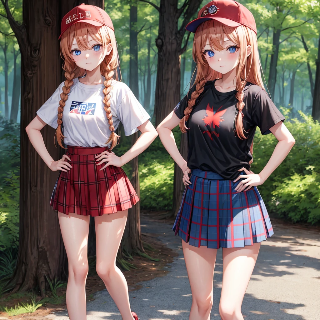 red blonde、blue eyess、Braids、one good looking girl、独奏、animesque、Plaid miniskirt、Black T-shirt、camisole、the woods、Sunlight、Wearing a plaid baseball cap、bare-legged、Tilting your face、Walking、Hands on hips