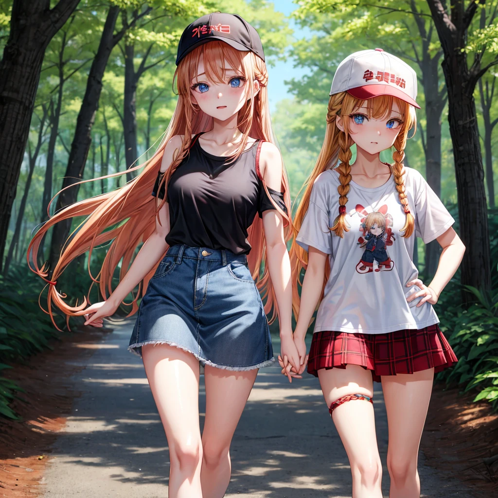 red blonde、blue eyess、Braids、one good looking girl、独奏、animesque、Plaid miniskirt、Black T-shirt、camisole、the woods、Sunlight、Wearing a plaid baseball cap、bare-legged、Tilting your face、Walking、Hands on hips