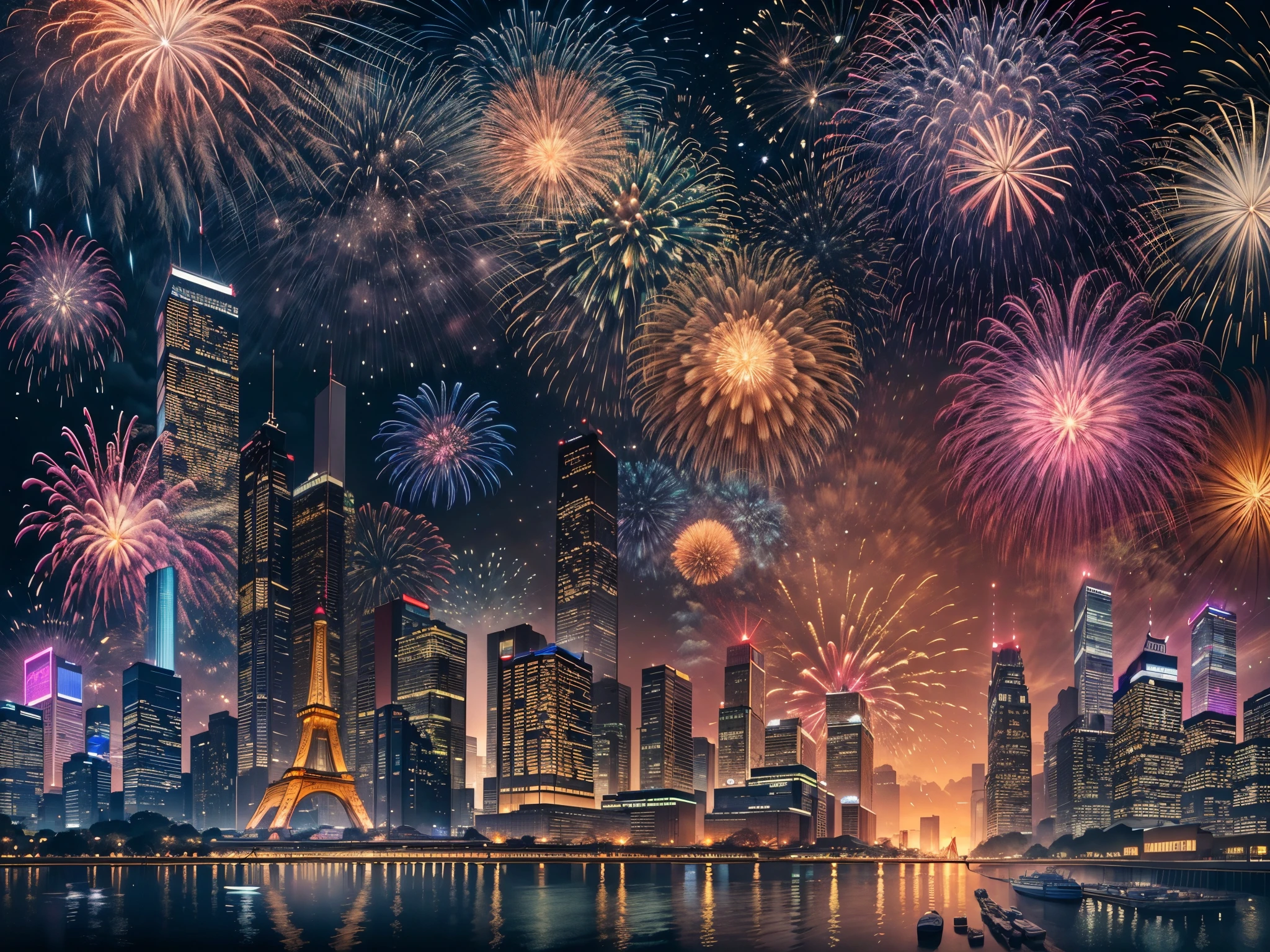 city night scene：1.37.滨江city night scene，water cruise，skyscrapers on the shore，Viaduct surrounding the city，Bustling metropolis，城市lamplight秀，Brilliant laser fireworks bloom in the sky，Lots of fireworks，lamplight，