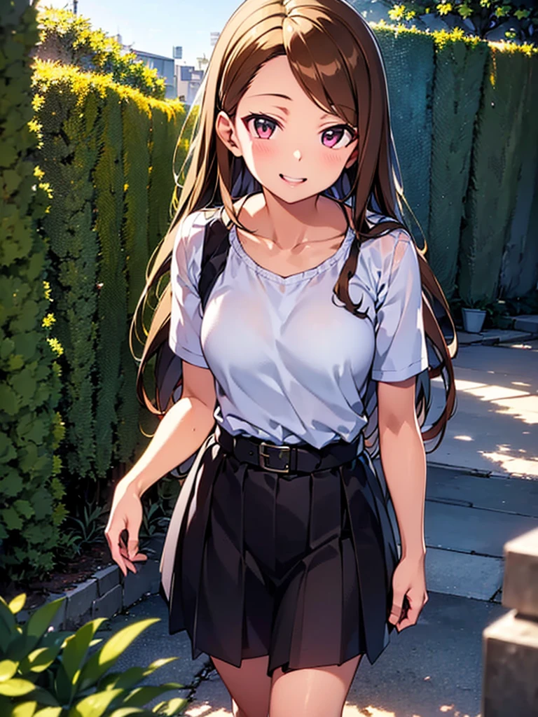 Tachibana Arisu, long hair, brown eyes, brown hair, bow, hair bow, blush, ribbon, looking at viewer, stand, hand own hips, white shirt, t-shirt, belt, denim shorts, shorts rolled,from side