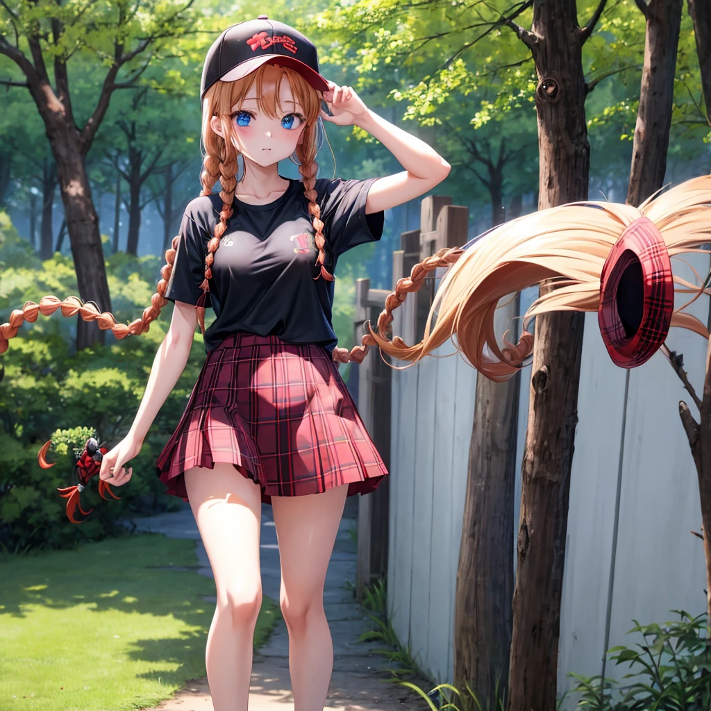 red blonde、blue eyess、Braids、one good looking girl、独奏、animesque、Plaid miniskirt、Black T-shirt、camisole、the woods、Sunlight、Wearing a plaid baseball cap、bare-legged、Tilting your face、Walking、Hands on hips