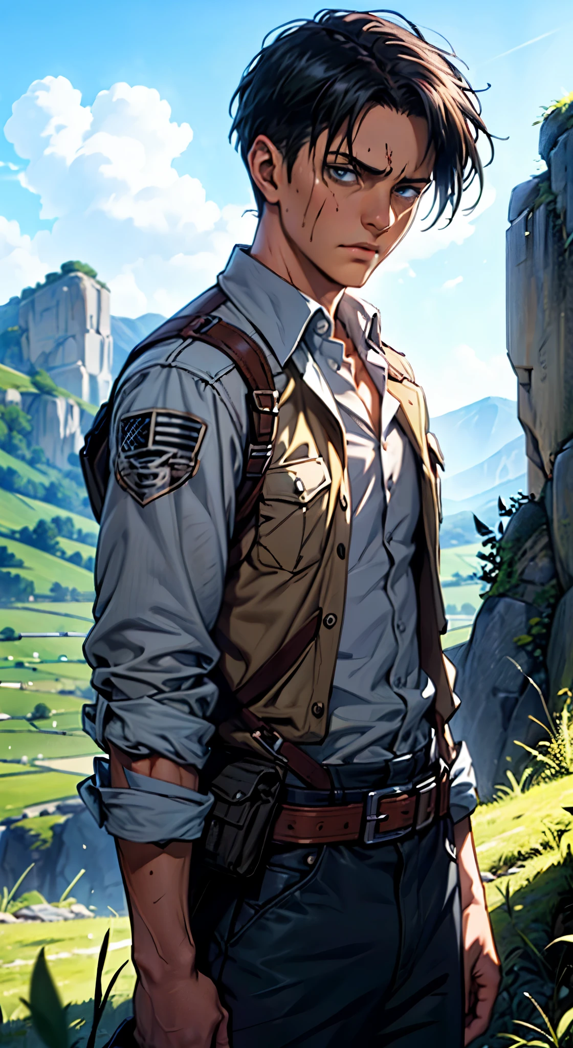 (masterpiece), (hyper realistic), Attack on Titan, half body shot, Levi Ackerman, sadness, Tears, Holding a sword, blood coming from shoulder, Loneliness, Lost, dinamic lighting, Grassland background