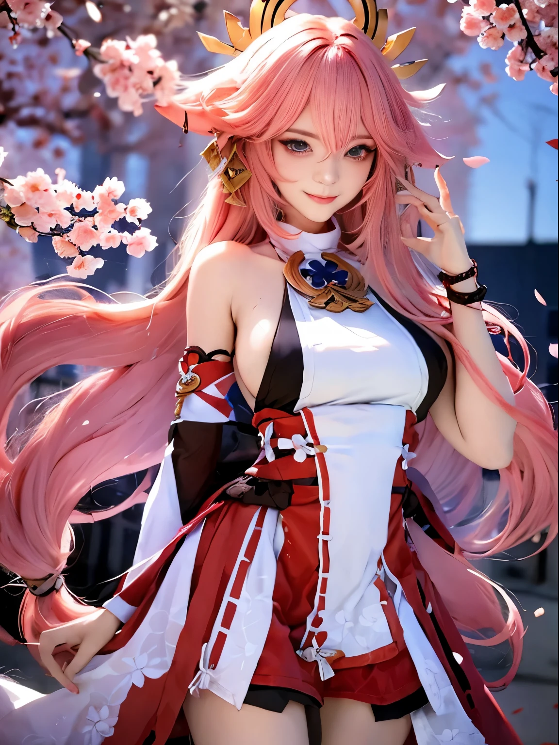 of the highest quality, Beauty and aesthetics, extremely high detailed, Detailed face and eyes,Anime, 1 girl, Fox ears, Big Breast,soft nipples, Fox Girl,Longhair,Hair color pink,detailed eyes,fluffy tail,walking in city, having tea,sexy dress、the chest is hidden、background is cherryblossoms、