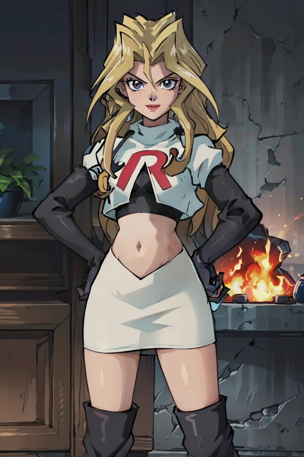 mai_valentine , glossy lips ,team rocket,team rocket uniform, red letter R, white skirt,white crop top,black thigh-high boots, black elbow gloves , looking at viewer, evil smile, hands on hips