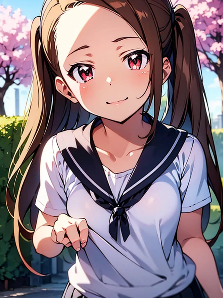 (best quality,4k,8k,highres,masterpiece:1.2),ultra-detailed,realistic,anime,portrait of Iori Minase, a -yeld giwith a height of 153cm, a weight of 40kg, chest size of 77cm, waist size of 54cm, hip size of 79cm, and a Tsundere personality,vivid colors,studio lighting,beautiful detailed eyes,beautiful detailed lips,extremely detailed eyes and face,long eyelashes,hair with vibrant colors and shading,rosy cheeks,pale skin,a cute expression,feminine and delicate features,a dynamic pose,school uniform with a pleated skirt,pigtails,high-quality digital illustration,garden background with cherry blossom trees,subtle lens flare to create a dreamy atmosphere.