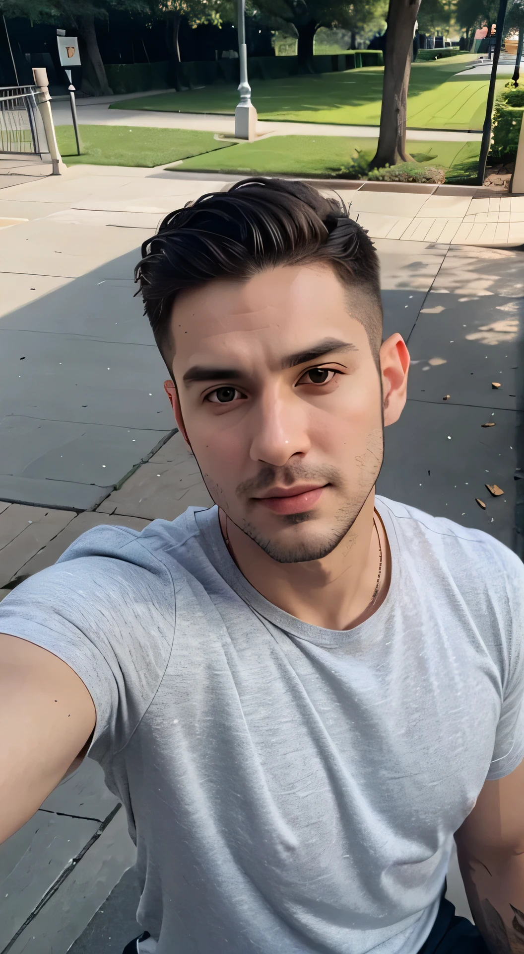 30 year old handsome man selfie, Above the chest, Park background, oblique