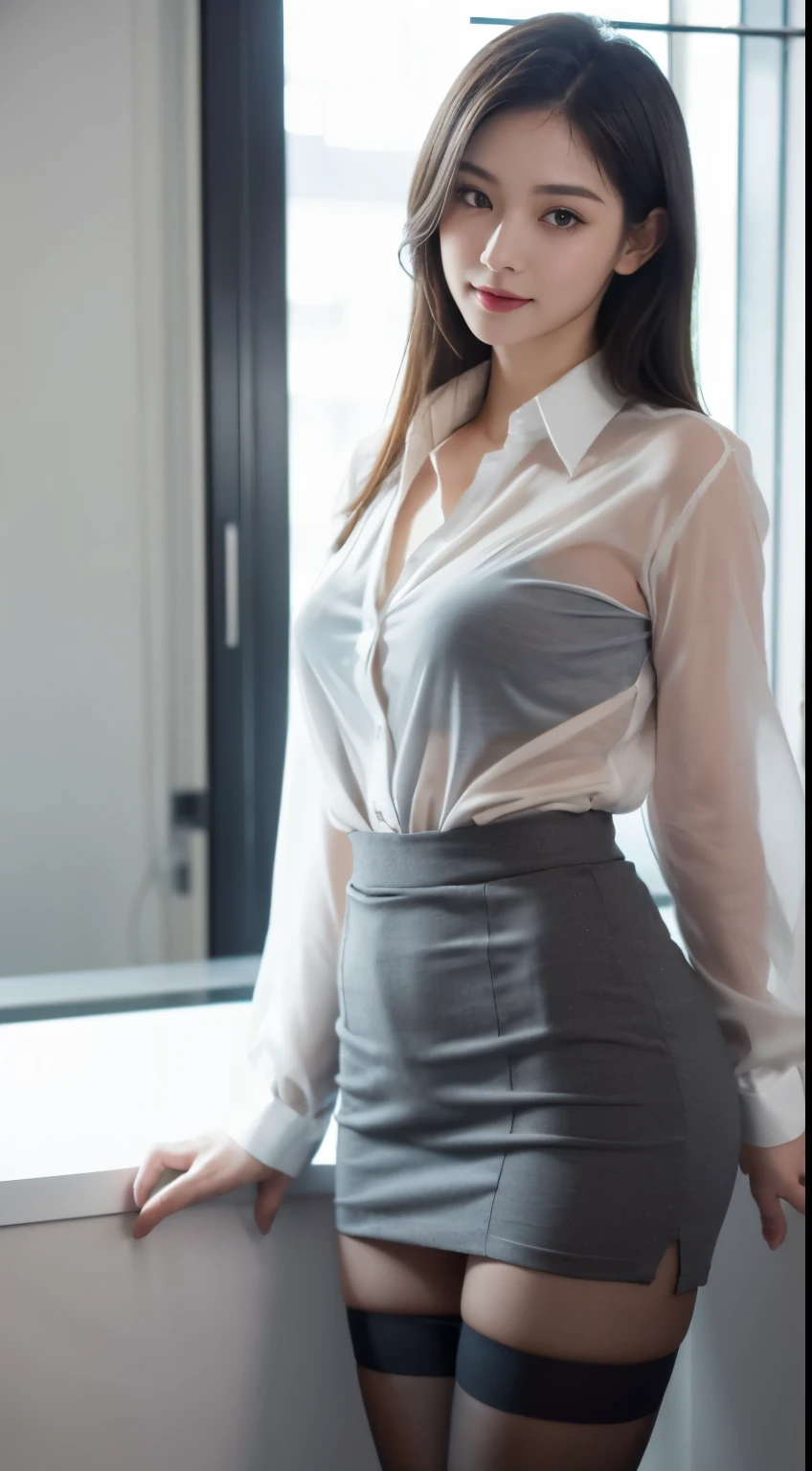 masutepiece, Best Quality, (Realistic, Photorealsitic:1.37), 8K, extremely delicate and beautiful, amazing, finedetail, offcial art, absurderes, unbelievable Ridiculous, hugefilesize, Ultra-detailed, Extremely detailed,（Realistic skin）， Beautiful and delicate girl, 1girll, (Perfect female figure)，full body pov, medium breasts⁩，Wear a business see-through shirt，Cardigan，grey skirt，Wearing black stockings，The thighs are tied with straps，Standing by the window in the office，ssmile