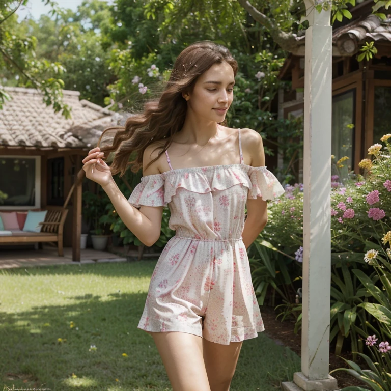 Thin girl wearing pink Playful romper with vibrant patterns,soft sunlight filtering through lush green leaves,natural garden setting,serene and peaceful atmosphere, elegant and graceful movements,joyful and carefree expression,subtle smile on her face,flowing brown hair gently swaying in the breeze,faint scent of blooming flowers in the air,sparkling dewdrops on the grass,soft and comfortable fabric of the romper,kaleidoscope of colors in the patterns,crisp and vibrant hues,bright reds, sunny yellows, lively blues,playful polka dots and floral motifs,detailed embroidery and intricate designs,meticulously handcrafted with love and care,skinny straps and off-shoulder style showcasing the delicate collarbones and shoulders,pleated shorts accentuating the slender legs, surrounded by blooming flowers and lush foliage,faint whispers of birds chirping and leaves rustling,crystal-clear blue sky overhead,creating a harmonious and enchanting scene,(best quality,4k,8k,highres,masterpiece:1.2),ultra-detailed,photorealistic rendering,professional digital artistry,meticulous attention to every detail,vivid and realistic colors,soft and natural lighting,illuminating every delicate feature of the girl and her surroundings,embracing the essence of summer joy and natural beauty.